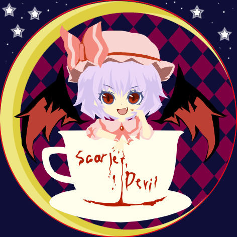 mana tea, remilia scarlet, touhou, bad id, bad pixiv id, lowres, 1girl, bat wings, chibi, cup, female focus, hat, in container, in cup, purple hair, red eyes, short hair, solo, upper body, wings