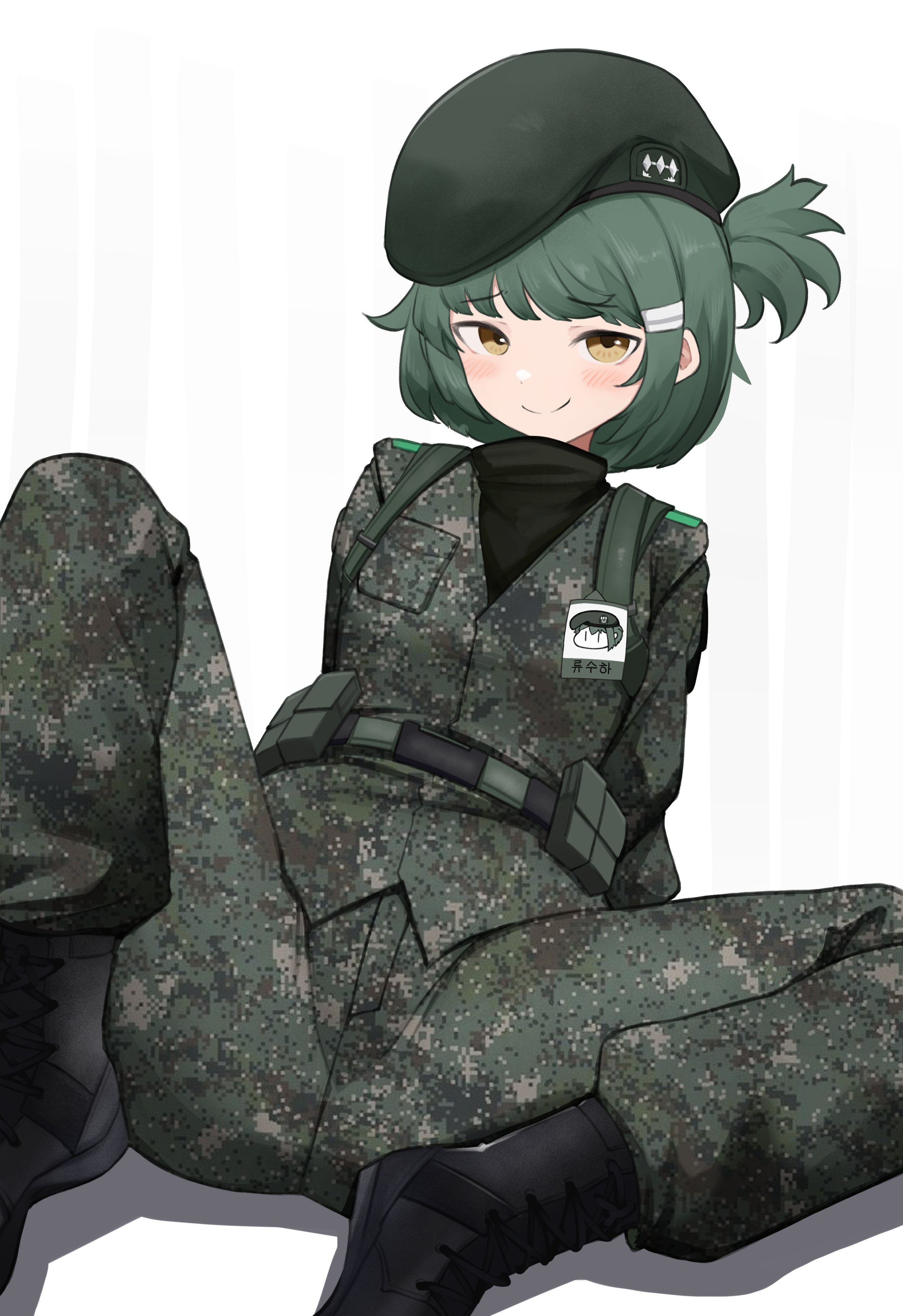 daebom, suha (zenturion7), war thunder, absurdres, commentary, english commentary, highres, 1girl, beret, black boots, black sweater, boots, camouflage, camouflage jacket, camouflage pants, closed mouth, green hair, green hat, green jacket, green pants, hat, jacket, looking at viewer, military uniform, one side up, pants, republic of korea army, short hair, smile, solo, sweater, white background, yellow eyes