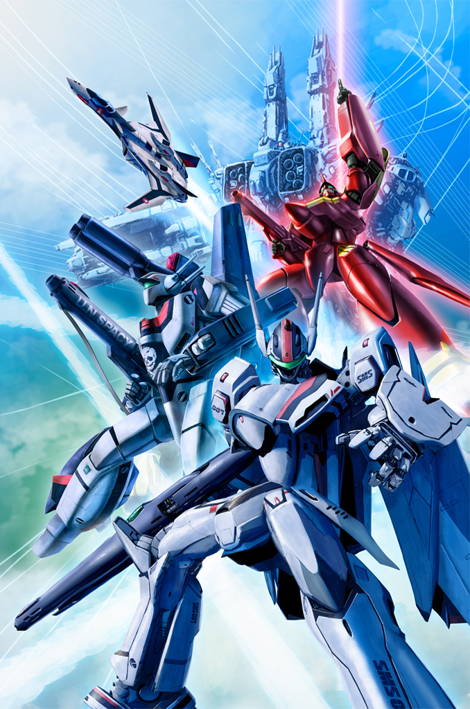 tenjin hidetaka, fire valkyrie, sdf-1, vf-1, vf-19, vf-25, yf-19, artdink, choujikuu yousai macross, macross, macross: do you remember love?, macross 7, macross ace frontier, macross frontier, macross plus, sony, 1980s (style), official art, 00s, 1990s (style), aircraft, airplane, cloud, day, epic, fighter jet, handheld game console, mecha, mecha focus, military, military vehicle, no humans, oldschool, playstation portable, realistic, retro artstyle, robot, sky, spacecraft, storm attacker, u.n. spacy