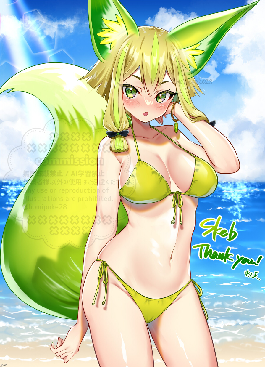homi28, hu-li the jewel mikanko, yu-gi-oh!, commentary request, commission, highres, skeb commission, alternate costume, animal ear fluff, animal ears, bikini, blonde hair, blush, bow, bracelet, breasts, cleavage, collarbone, duel monster, fox ears, fox girl, fox tail, front-tie bikini top, front-tie top, green bikini, green eyes, green hair, hair between eyes, hair bow, jewelry, looking at viewer, medium breasts, medium hair, multicolored hair, navel, open mouth, side-tie bikini bottom, sidelocks, stomach, swimsuit, tail