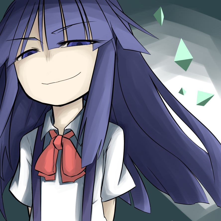ogihara mach, furude rika, higurashi no naku koro ni, bad id, bad pixiv id, 00s, 1girl, blunt bangs, cube, expressionless, female focus, grey background, looking at viewer, purple hair, shaded face, sidelocks, simple background, smirk, solo
