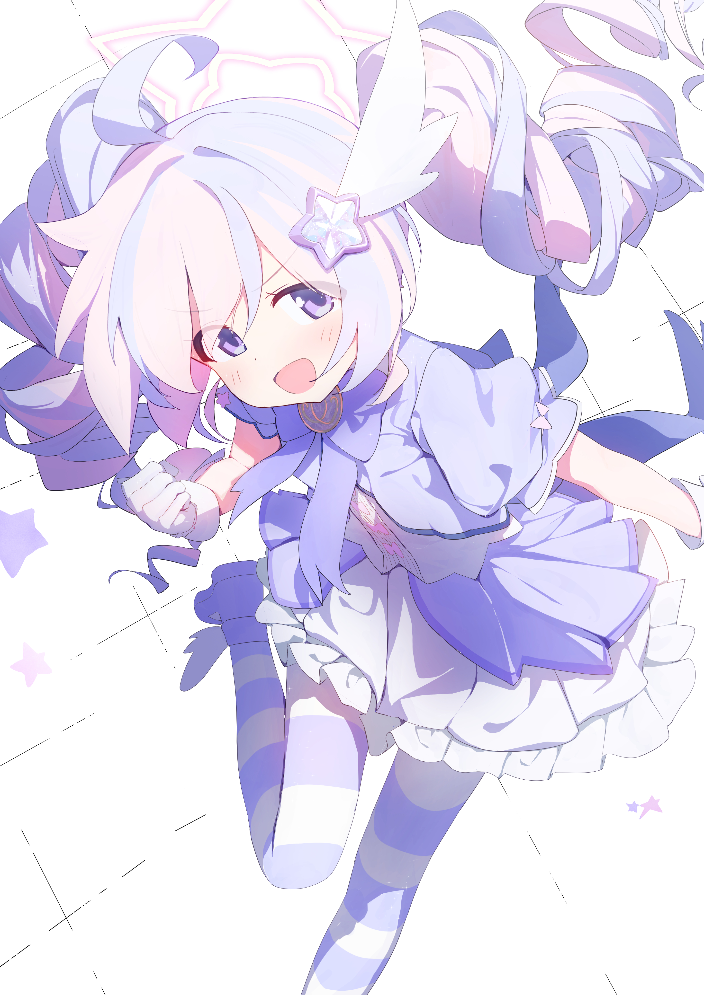 yamada auto, reisa (blue archive), reisa (magical) (blue archive), blue archive, absurdres, highres, 1girl, ahoge, blue hair, blush, bow, clenched hand, dress, drill hair, frills, gloves, hair ornament, halo, long hair, looking at viewer, magical girl, multicolored hair, official alternate costume, open mouth, pantyhose, pink hair, puffy short sleeves, puffy sleeves, purple bow, purple eyes, purple hair, short sleeves, skirt, smile, solo, star (symbol), star hair ornament, star halo, streaked hair, striped clothes, striped pantyhose, striped thighhighs, thighhighs, twin drills, twintails, two-tone hair, white background, white gloves