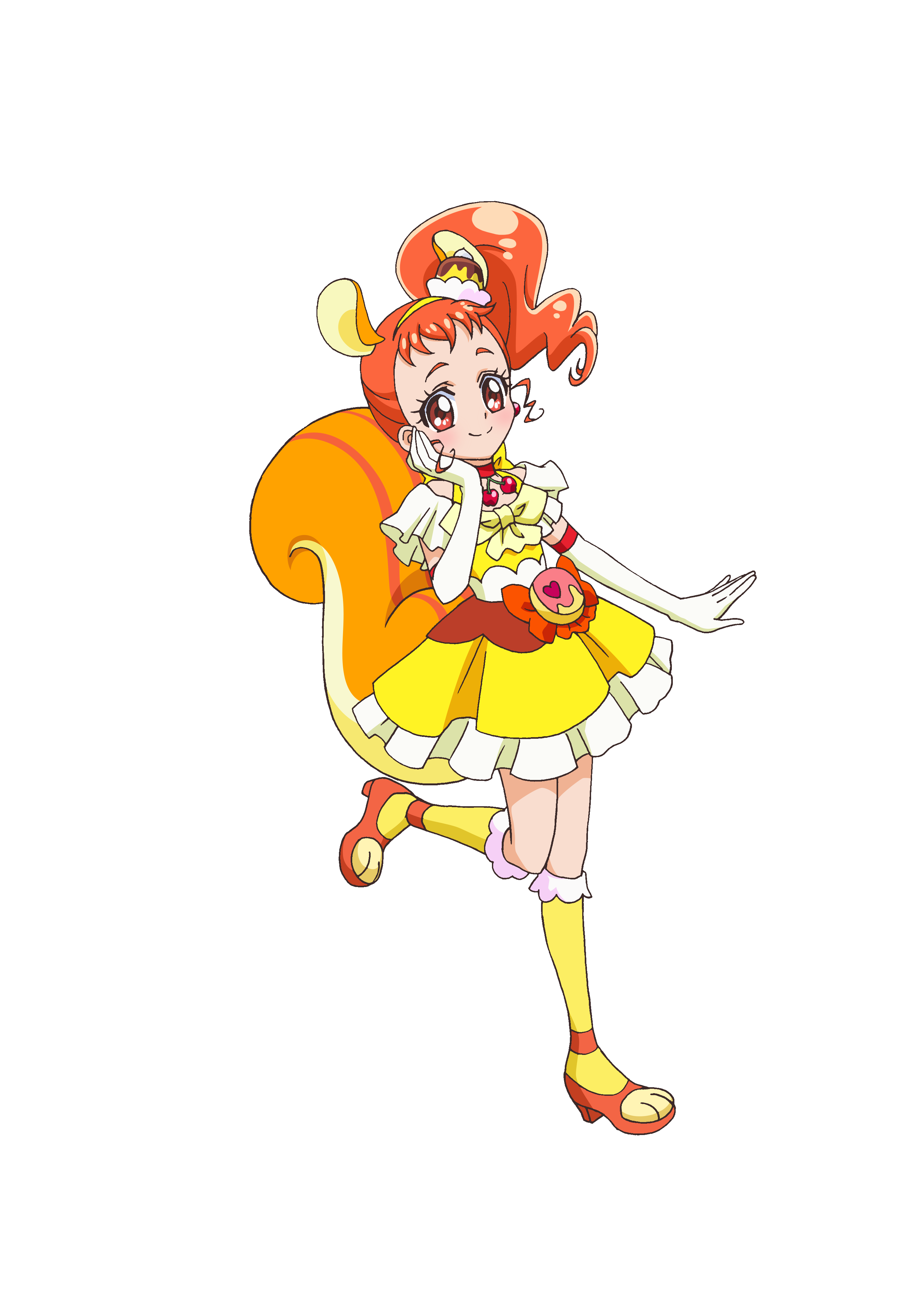 arisugawa himari, cure custard, kirakira precure a la mode, precure, absurdres, highres, official art, second-party source, 1girl, animal ears, choker, closed mouth, dress, earrings, elbow gloves, extra ears, food-themed hair ornament, full body, gloves, hair ornament, hand on own cheek, hand on own face, hand up, jewelry, long hair, looking at viewer, magical girl, orange hair, orange shorts, ponytail, shorts, simple background, smile, socks, solo, squirrel ears, squirrel tail, standing, standing on one leg, tail, white gloves, yellow dress, yellow socks
