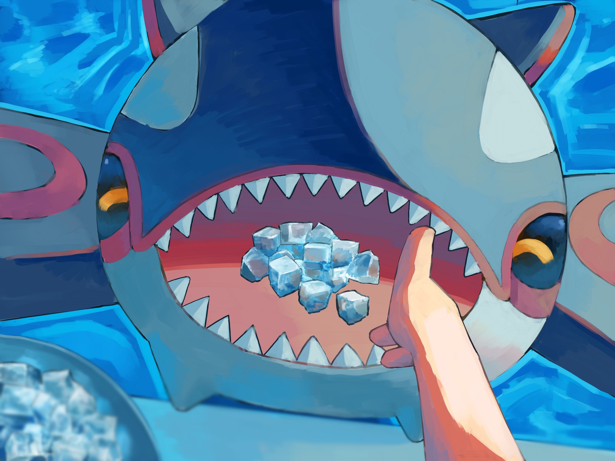 p9kfxaofqi54546, kyogre, nintendo, pokemon, highres, 1other, bucket, closed eyes, fangs, gen 3 pokemon, ice, ice cube, legendary pokemon, open mouth, outdoors, pokemon (creature), pokemon focus, pool, poolside, pov, pov hands, sharp teeth, smile, teeth, water