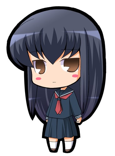 suntail, suzuki rin, bamboo blade, lowres, 00s, blue hair, blush, brown eyes, chibi, pac-man eyes, school, school uniform, serafuku, skirt, solo