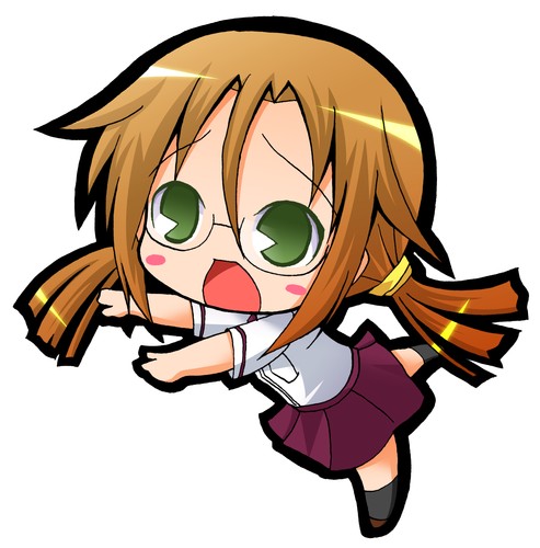 suntail, azuma satori, bamboo blade, lowres, 00s, blush, brown hair, chibi, glasses, green eyes, long hair, pac-man eyes, school, school uniform, skirt, solo, tripping, twintails