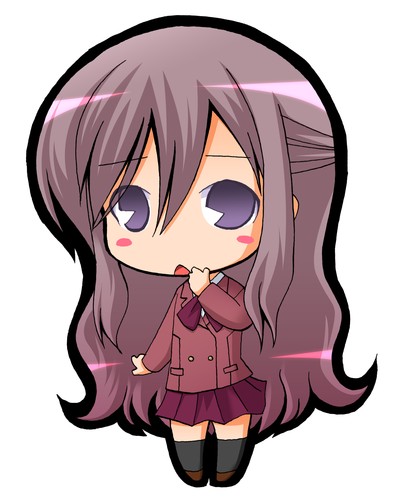 suntail, miyazaki miyako, bamboo blade, lowres, 00s, 1girl, blush, chibi, female focus, half updo, long hair, pac-man eyes, purple eyes, purple hair, school, school uniform, skirt, solo
