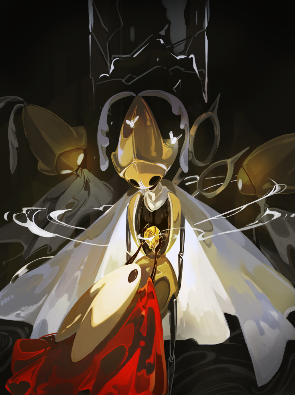 hornet (hollow knight), hollow knight, hollow knight: silksong, highres, 1girl, 3others, arthropod girl, arthropod limbs, black eyes, black skin, blank eyes, blankowalska, cloak, colored skin, from behind, glowing, glowing eyes, holding, hollow eyes, horned mask, horns, humanoid robot, looking up, mask, mechanical heart, multiple others, red cloak, robot, second sentinel (hollow knight), weapon, weapon on back, white eyes, white mask