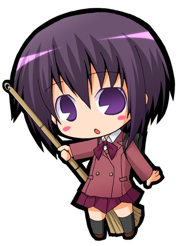 suntail, kawazoe tamaki, bamboo blade, lowres, 00s, backpack, bag, bob cut, broom, chibi, pac-man eyes, purple eyes, purple hair, randoseru, school, school uniform, short hair, skirt, socks