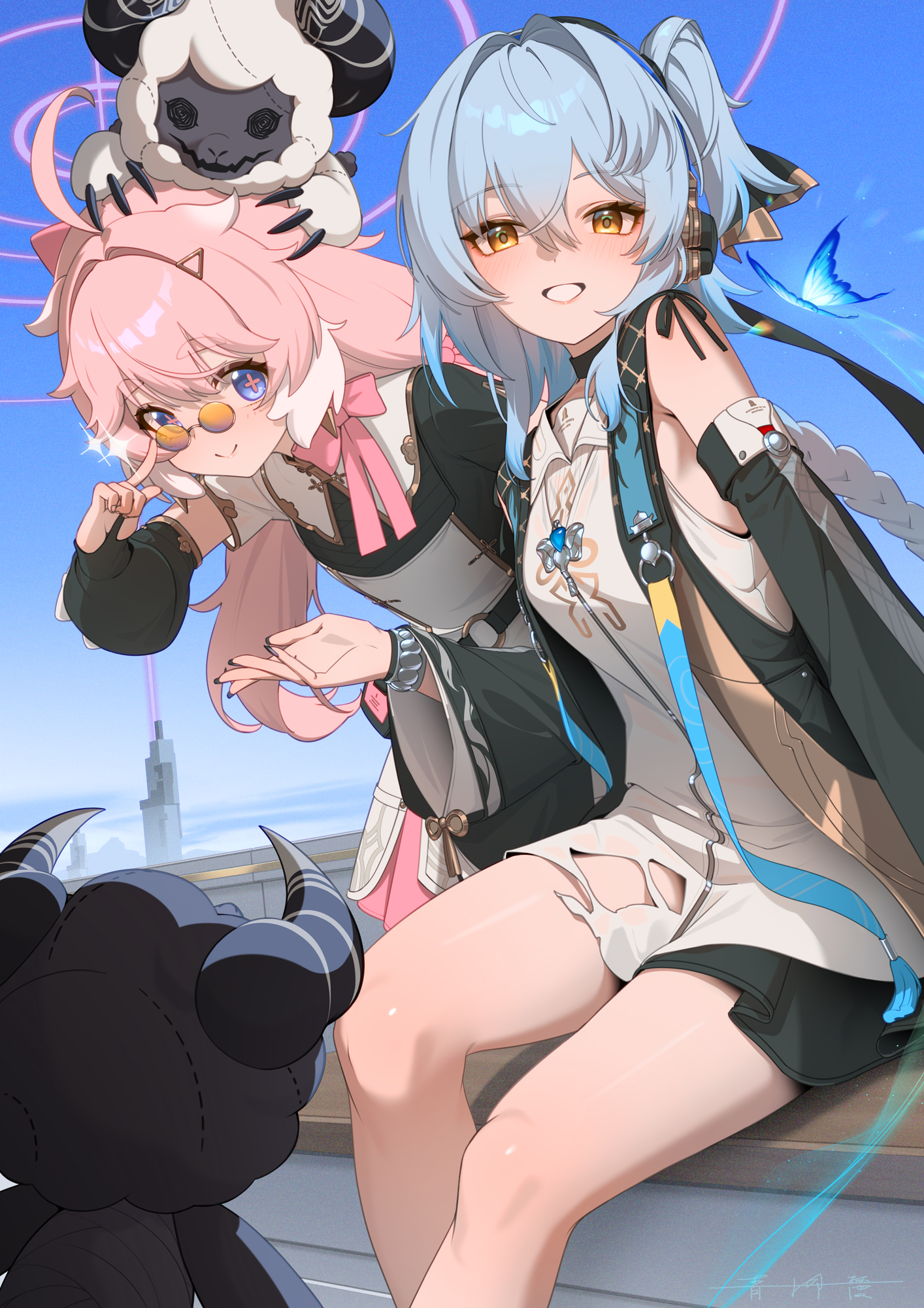meda, buling (wuthering waves), cloudy (wuthering waves), cosmos (wuthering waves), encore (wuthering waves), wuthering waves, commentary, hashtag-only commentary, highres, 2girls, black jacket, black nails, blue butterfly, blue eyes, blue hair, blue sky, borrowed accessory, breasts, bug, butterfly, closed mouth, day, detached sleeves, dress, fingernails, hair between eyes, insect, jacket, long hair, looking at viewer, looking over eyewear, multiple girls, nail polish, orange eyes, outdoors, pink hair, pink pupils, pink skirt, round eyewear, side ponytail, sitting, skirt, sky, small breasts, smile, sunglasses, symbol-shaped pupils, thighs, torn clothes, torn dress, white dress