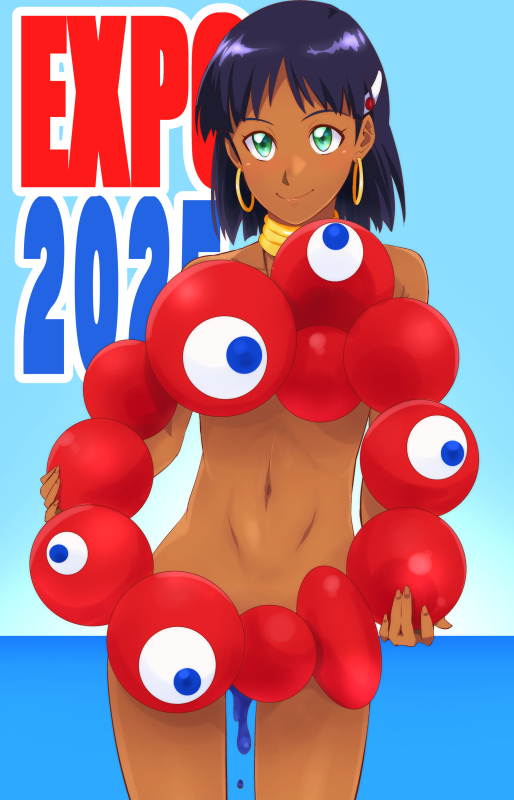 sahara wataru, myaku-myaku, nadia la arwall, expo2025, fushigi no umi no nadia, commentary, 1girl, abs, ambiguous blue liquid, blue background, blue eyes, bob cut, closed mouth, convenient censoring, copyright name, cowboy shot, creature, dark-skinned female, dark skin, dripping, earrings, extra eyes, gold earrings, gradient background, green eyes, hair ornament, hairclip, holding, holding creature, hoop earrings, implied nudity, jewelry, looking at viewer, navel, neck ring, necklace, outline, purple hair, short hair, smile, solo, standing, suggestive fluid, thigh gap, toned, toned female, trait connection, white outline