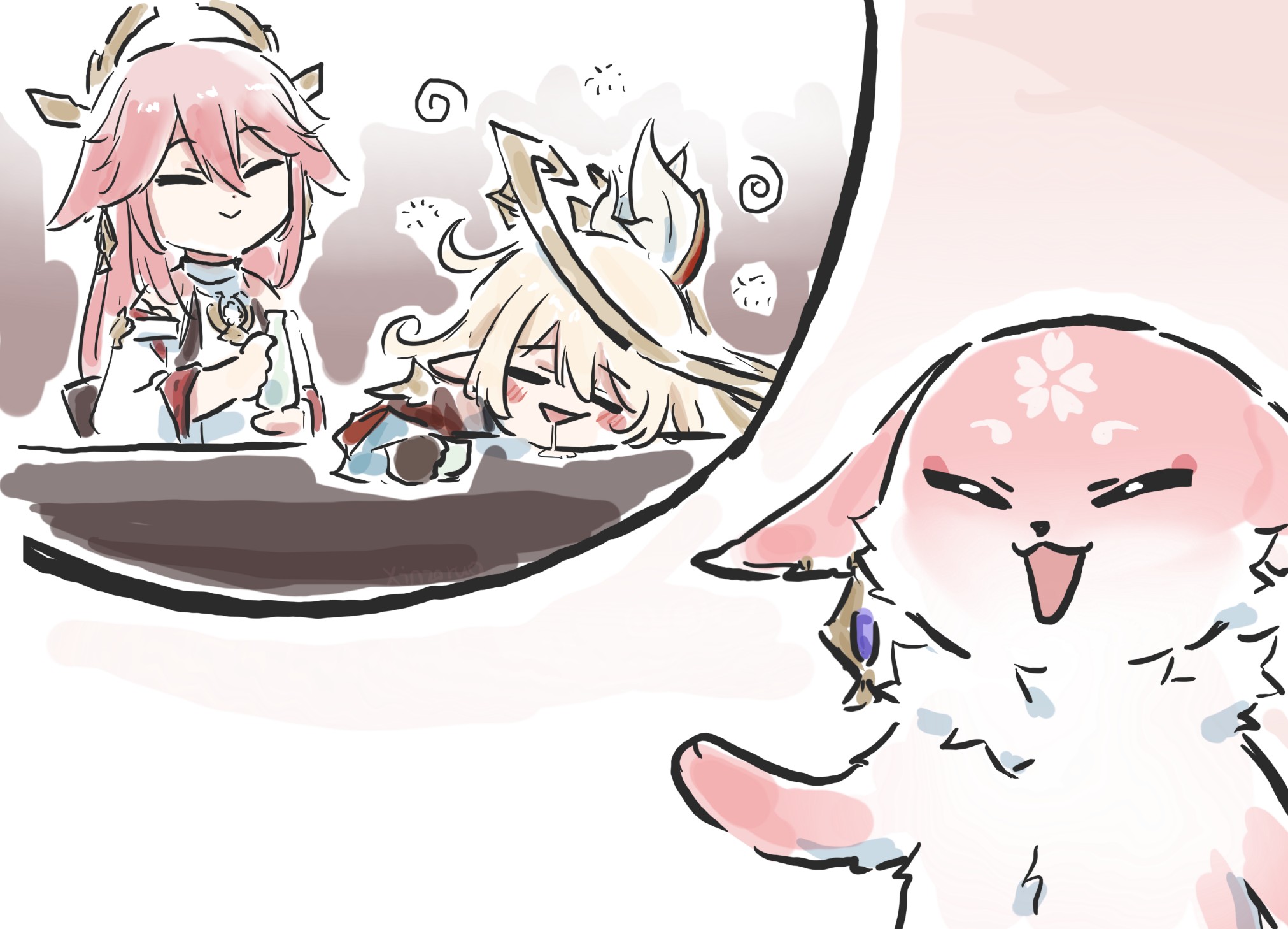 xinzoruo, alice (genshin impact), yae miko, yae miko (fox), genshin impact, highres, 2girls, animal ears, blonde hair, closed eyes, closed mouth, drooling, drunk, fox, fox ears, japanese clothes, long sleeves, miko, multiple girls, open mouth, pink hair, simple background, smile, spoken character, white background