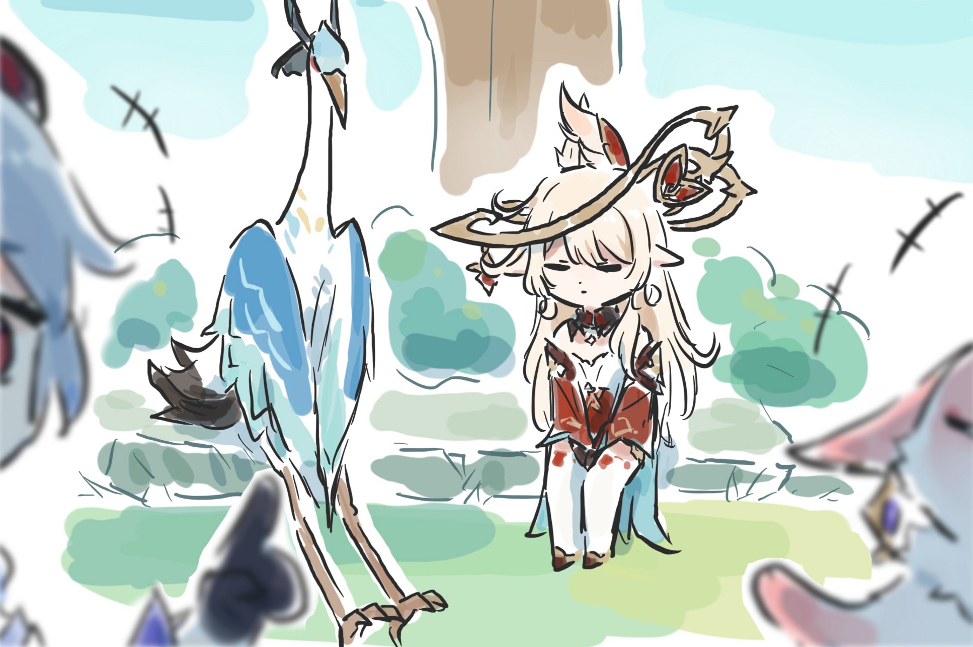 xinzoruo, alice (genshin impact), cloud retainer (genshin impact), ganyu (genshin impact), xianyun (genshin impact), yae miko, yae miko (fox), genshin impact, highres, 2girls, bird, black gloves, blonde hair, blue hair, blurry, blurry foreground, dress, fox, gloves, long sleeves, multiple girls, outdoors, red dress, sitting, thighhighs, white thighhighs
