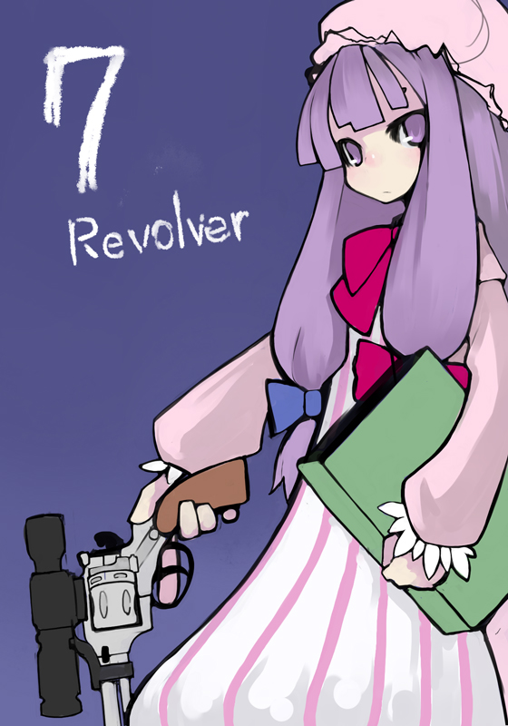 kimura akiyoshi, patchouli knowledge, touhou, bad id, bad pixiv id, 1girl, book, crescent, female focus, gun, handgun, hat, long hair, purple hair, revolver, ribbon, solo, trigger discipline, weapon