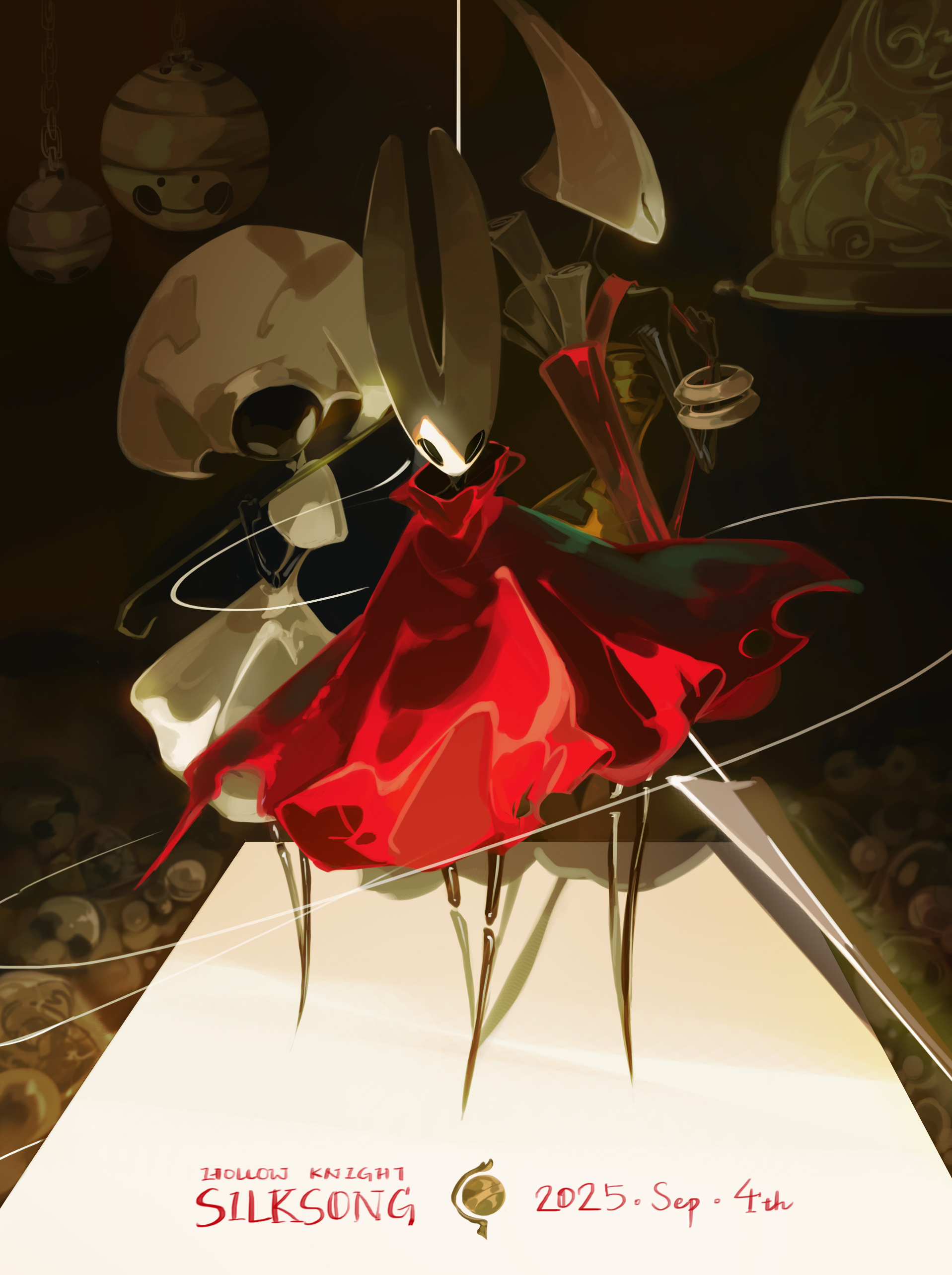 hornet (hollow knight), lace (hollow knight), shakra (hollow knight), hollow knight, hollow knight: silksong, absurdres, highres, 3girls, arthropod girl, back-to-back, bell, black eyes, black skin, blank eyes, blankowalska, bracelet, cloak, closed eyes, colored skin, copyright name, english text, full body, holding, holding needle, holding weapon, hollow eyes, horned mask, horns, jewelry, looking at viewer, map (object), mask, multiple girls, needle, needle (hollow knight), over shoulder, pin (hollow knight), puffy sleeves, red cloak, standing, weapon, weapon over shoulder, white eyes, white mask
