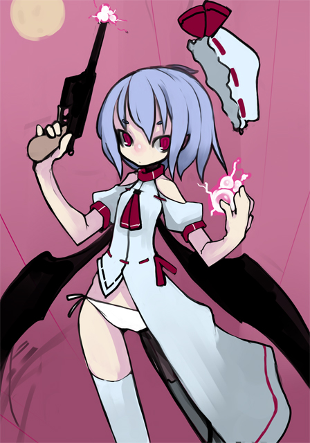 kimura akiyoshi, remilia scarlet, touhou, bad id, bad pixiv id, 1girl, blue hair, female focus, gun, handgun, hat, mauser c96, panties, pistol, red eyes, side-tie panties, solo, thighhighs, underwear, weapon