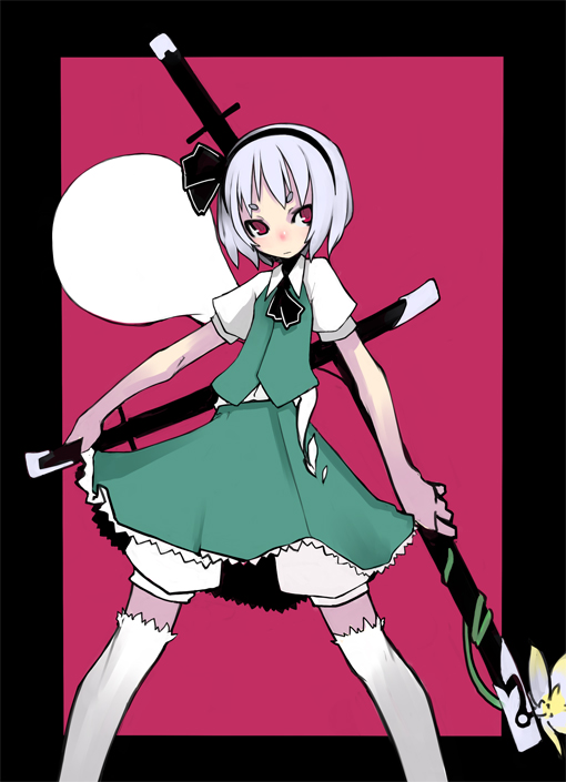kimura akiyoshi, konpaku youmu, konpaku youmu (ghost), touhou, silver hair, bad id, bad pixiv id, 1girl, female focus, hitodama, katana, sheath, sheathed, solo, sword, weapon