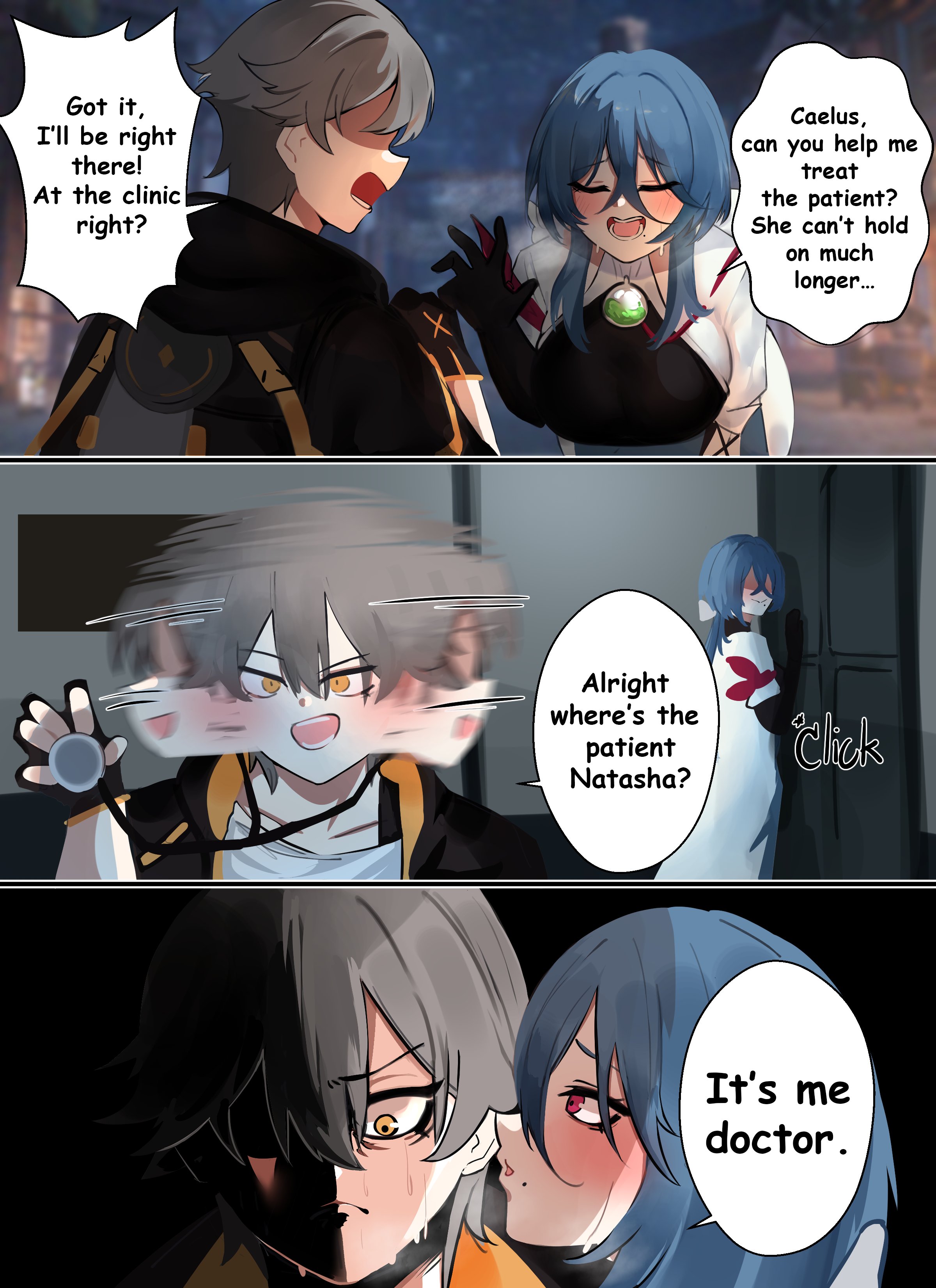 naykainaw, caelus (honkai: star rail), natasha (honkai: star rail), trailblazer (honkai: star rail), honkai: star rail, honkai (series), absurdres, commentary, commission, english commentary, highres, 1boy, 1girl, armband, black coat, black gloves, blue hair, blush, breasts, coat, collarbone, english text, gloves, grey hair, hair between eyes, holding, holding stethoscope, hood, hooded coat, large breasts, long hair, long sleeves, looking at another, looking at viewer, mole, mole under mouth, motion blur, nervous sweating, open clothes, open coat, open mouth, parted lips, red armband, red eyes, shirt, short hair, sound effects, speech bubble, stethoscope, sweat, upper body, white shirt, yellow coat