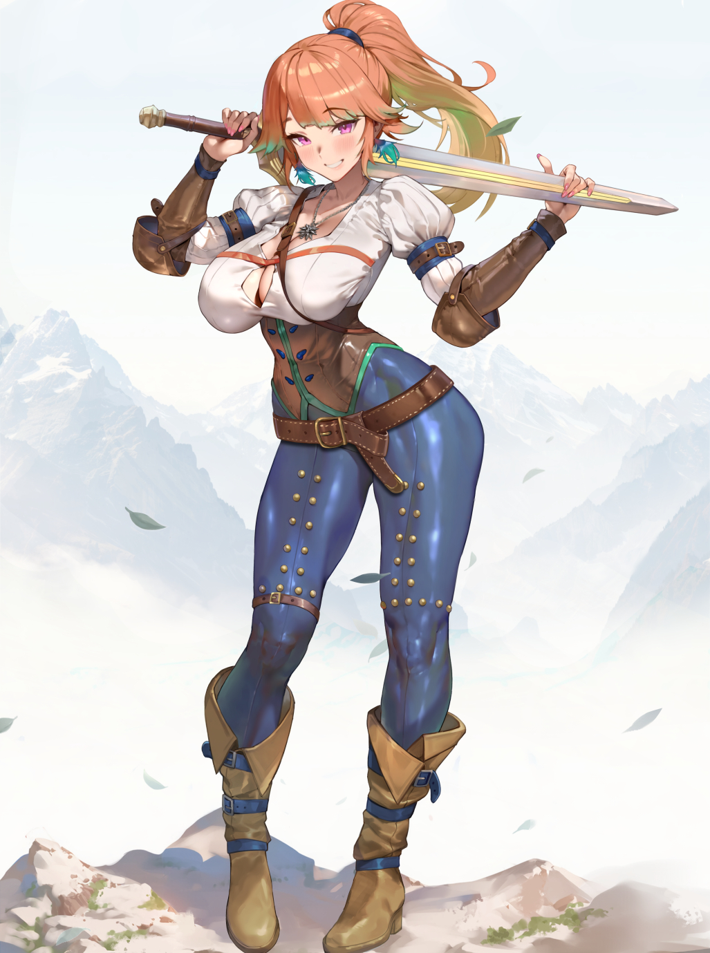 maro2ki3, takanashi kiara, hololive, hololive english, the witcher (series), commission, highres, 1girl, alternate costume, belt, breasts, earrings, feather earrings, feathers, gradient hair, high ponytail, holding, holding sword, holding weapon, jewelry, large breasts, leaf, long hair, looking at viewer, multicolored hair, orange hair, ponytail, purple eyes, simple background, skin tight, smile, solo, sword, virtual youtuber, weapon, white background, witcher medallion