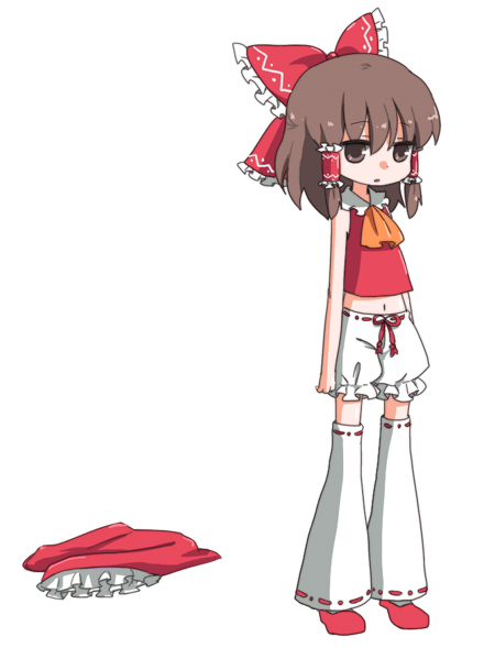 ica, hakurei reimu, touhou, bad id, bad pixiv id, 1girl, bloomers, detached pants, female focus, midriff, navel, simple background, skirt, solo, underwear, wardrobe error, white background