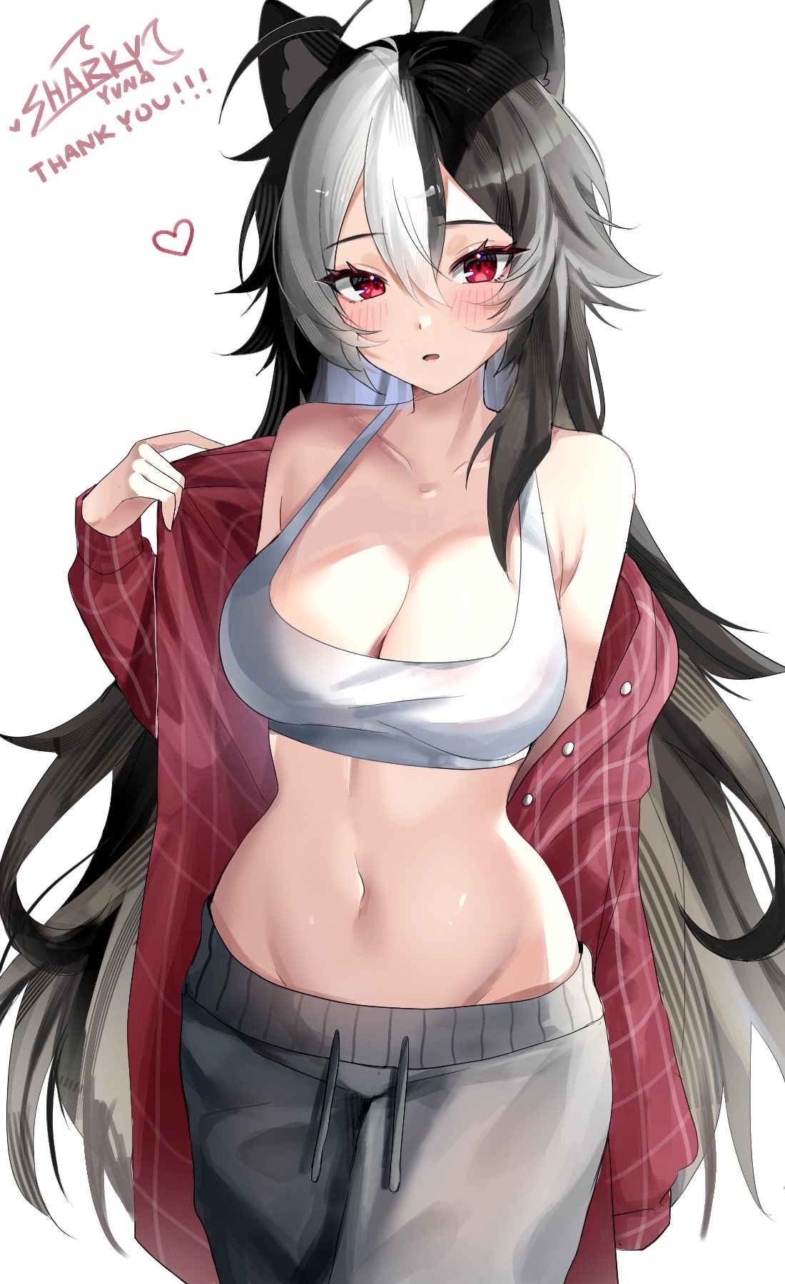 sharkyyuna, momote (vtuber), indie virtual youtuber, commentary, commission, highres, 1girl, bare shoulders, black hair, blush, breasts, cleavage, collarbone, cowboy shot, crop top, double-parted bangs, grey pants, hair between eyes, heart, large breasts, long hair, long sleeves, looking at viewer, multicolored hair, navel, pants, parted lips, red eyes, red shirt, shirt, shirt partially removed, simple background, solo, stomach, tank top, two-tone hair, virtual youtuber, white background, white hair, white tank top