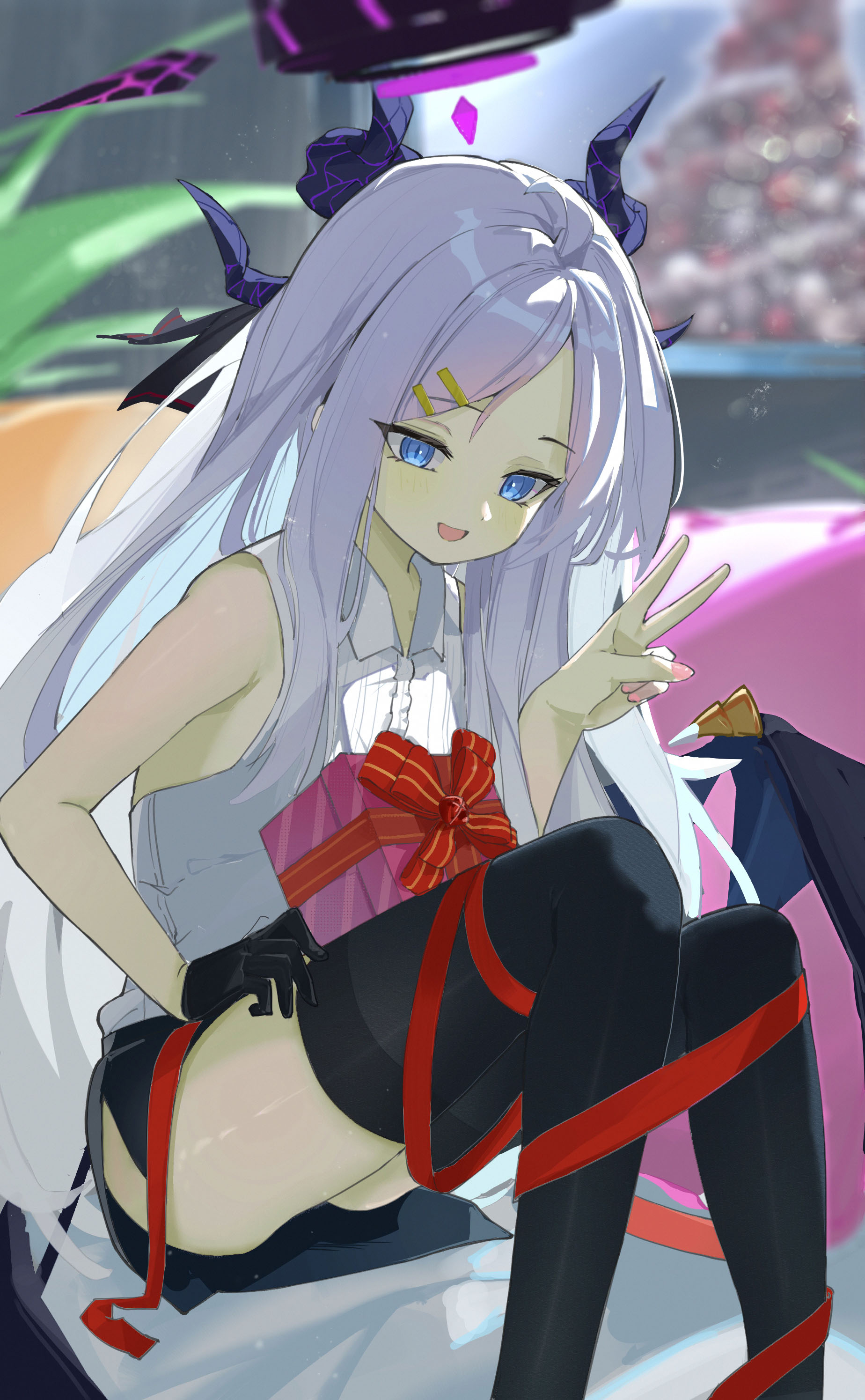 sercet, hina (blue archive), blue archive, absurdres, commentary, highres, 1girl, :d, ahoge, alternate eye color, backlighting, black gloves, black halo, black horns, black skirt, black thighhighs, blue eyes, blurry, blurry background, blush, bow, center frills, christmas, christmas present, christmas tree, collared shirt, couch, demon girl, demon horns, demon wings, feet out of frame, forehead, frilled shirt, frills, gift, gloves, hair ornament, hairclip, halo, hand up, happy, horns, indoors, knees up, long hair, long ribbon, looking at viewer, low wings, miniskirt, nail polish, on couch, open mouth, parallel hairclips, parted bangs, pink nails, red bow, red ribbon, ribbon, shirt, side slit, sidelocks, single glove, sitting, skirt, sleeveless, sleeveless shirt, slit pupils, smile, solo, straight hair, thighhighs, thighs, tsurime, v, very long hair, white hair, white shirt, wings