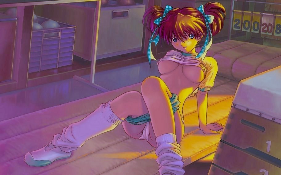 kobayashi yuji, souryuu asuka langley, neon genesis evangelion, 1girl, ass, ball, bow, breasts, brown hair, buruma, buruma pull, clothes lift, clothes pull, dusk, female focus, gym, gym storeroom, gym uniform, hair ribbon, indoors, looking at viewer, loose socks, no bra, panties, ribbon, school, shirt lift, shorts, shorts pull, sitting, socks, solo, spread legs, sunlight, twintails, underboob, underwear, vaulting horse