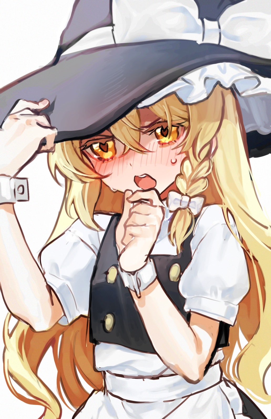 aorin oekaki, kirisame marisa, touhou, highres, 1girl, apron, blonde hair, blush, bow, braid, dress, hair bow, hat, hat bow, long hair, open mouth, ribbon, short sleeves, side braid, single braid, solo, waist apron, white bow, witch hat, yellow eyes