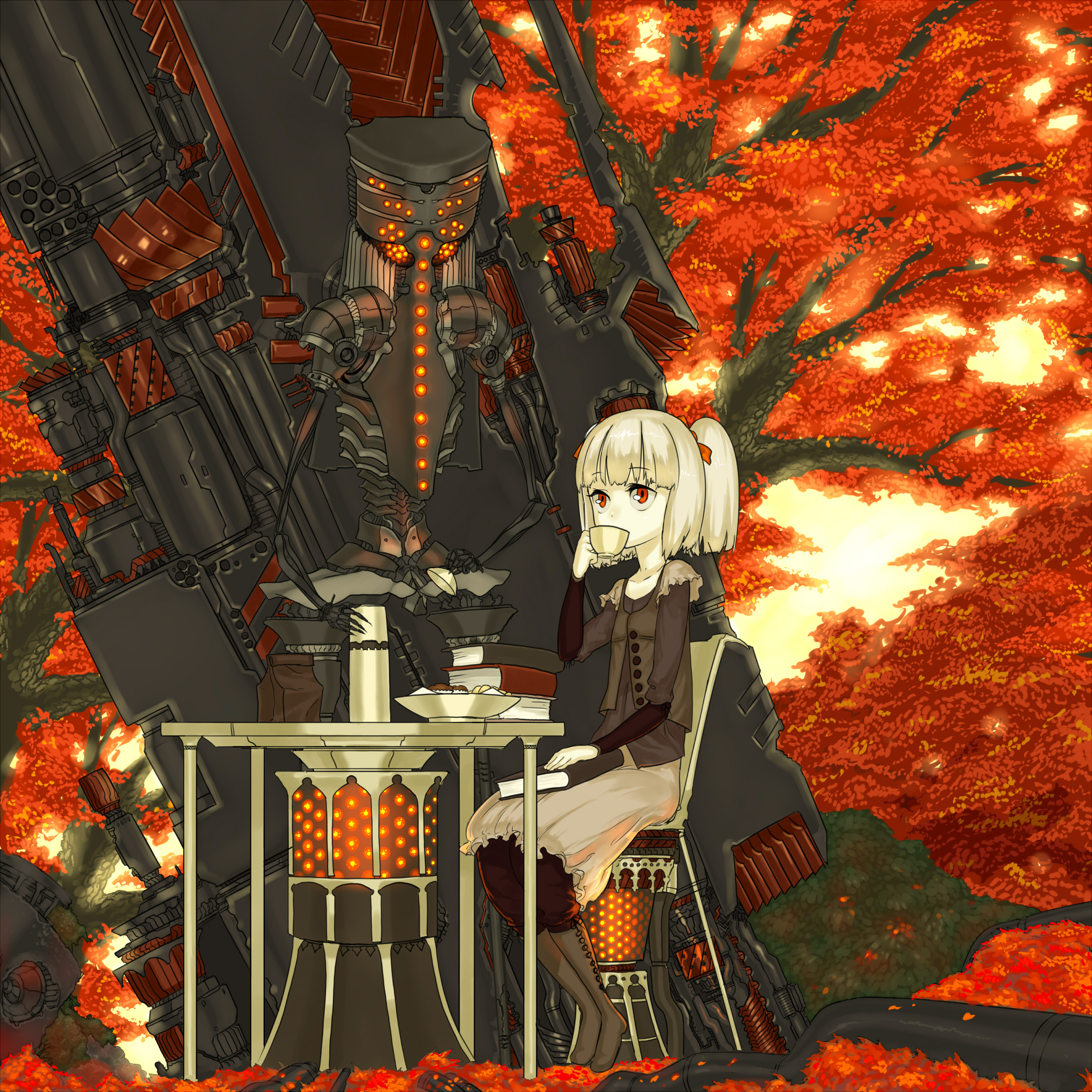 asgr, original, absurdres, bad id, bad pixiv id, highres, 1girl, autumn, book, cup, female focus, red eyes, robot, skirt, solo, tea, teacup, tree