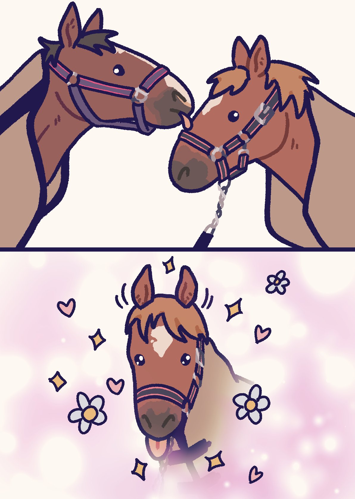 daitoko, meisho doto (racehorse), taiki shuttle (racehorse), real life, highres, animal focus, blanket, brown horse, closed mouth, flower, heart, horse, horse blanket, licking, licking another's face, no humans, star (symbol), tongue, tongue out