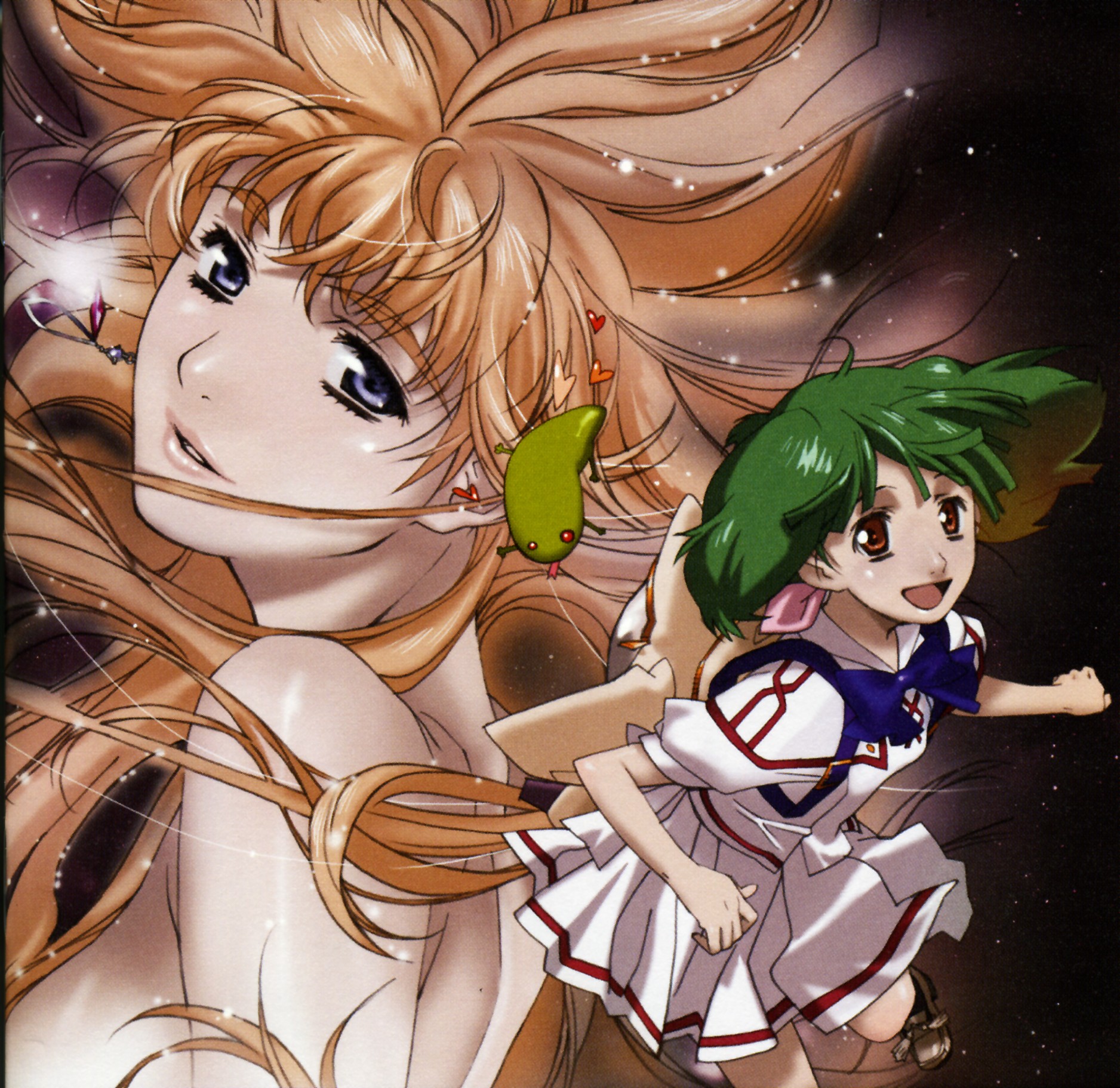 ebata risa, ranka lee, sheryl nome, macross, macross frontier, highres, official art, 00s, 2girls, ahoge, album cover, blonde hair, blue eyes, cover, earrings, green hair, jewelry, long hair, multiple girls, red eyes, short hair, smile, very long hair