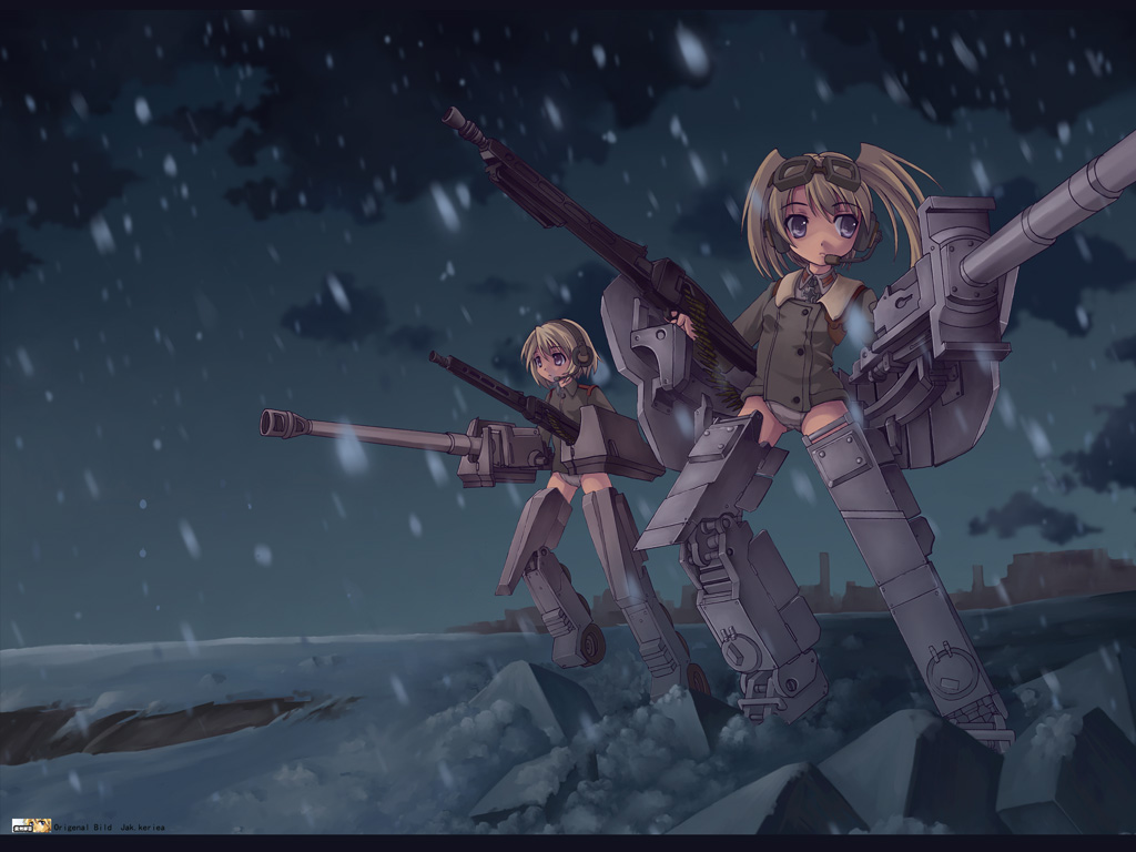 jak, original, 2girls, blonde hair, goggles, gun, jacket, machine gun, mecha musume, mg42, military, military vehicle, motor vehicle, multiple girls, panties, snow, tank, tiger i, twintails, underwear, weapon, world war ii