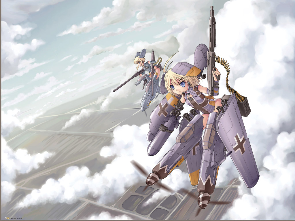 jak, original, strike witches, world witches series, 00s, ahoge, blonde hair, blue eyes, flying, gun, mecha musume, short hair, striker unit, weapon, world war ii