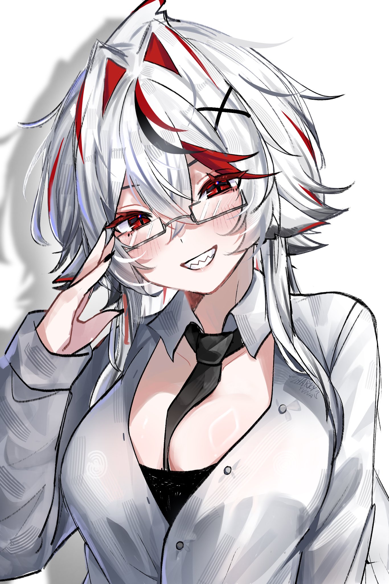 sharkyyuna, indie virtual youtuber, commentary, english commentary, highres, 1girl, adjusting eyewear, animal ears, bespectacled, between breasts, black nails, black necktie, blush, breasts, collared shirt, crossed bangs, double-parted bangs, glasses, grin, hair between eyes, hair intakes, hair ornament, hand up, large breasts, long hair, long sleeves, looking at viewer, multicolored hair, necktie, necktie between breasts, rectangular eyewear, red eyes, red streaks, sharkyyuna (vtuber), sharp teeth, shirt, simple background, smile, solo, streaked hair, teeth, upper body, virtual youtuber, white background, white hair, white shirt, x hair ornament