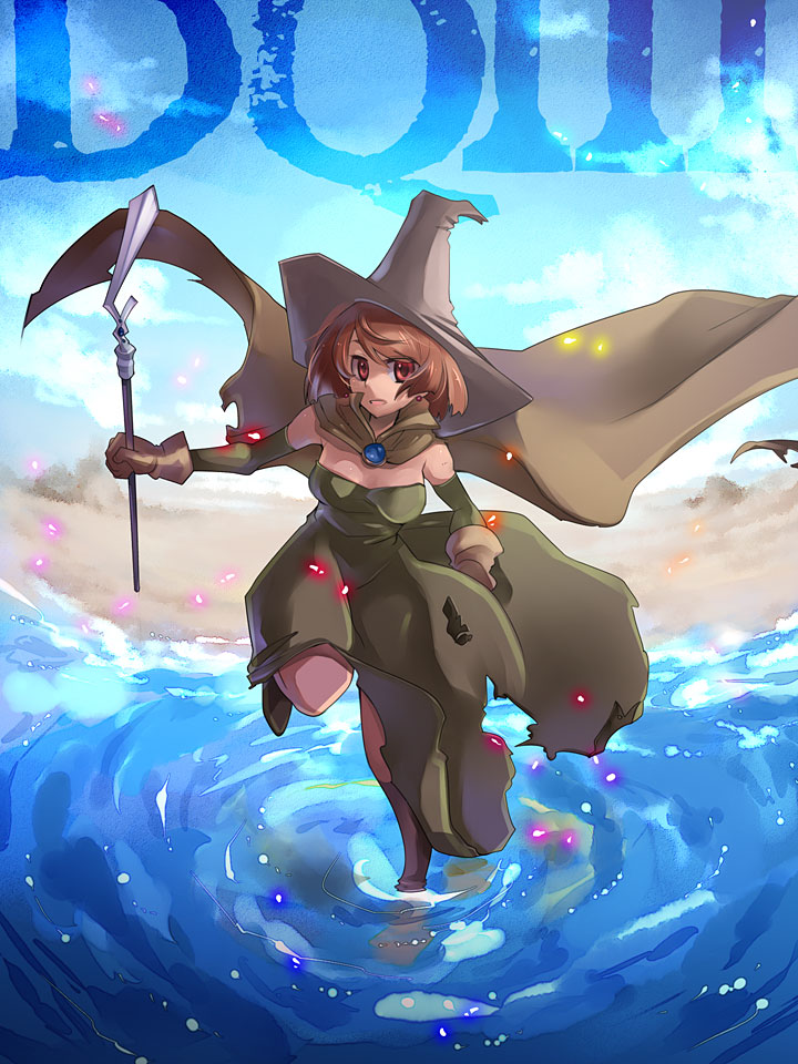 inuinui, mage (dq3), chunsoft, dragon quest, dragon quest iii, enix, beach, brown hair, cape, copyright name, day, dress, earrings, elbow gloves, gloves, hat, jewelry, outdoors, red eyes, short hair, sky, solo, staff, water, witch hat