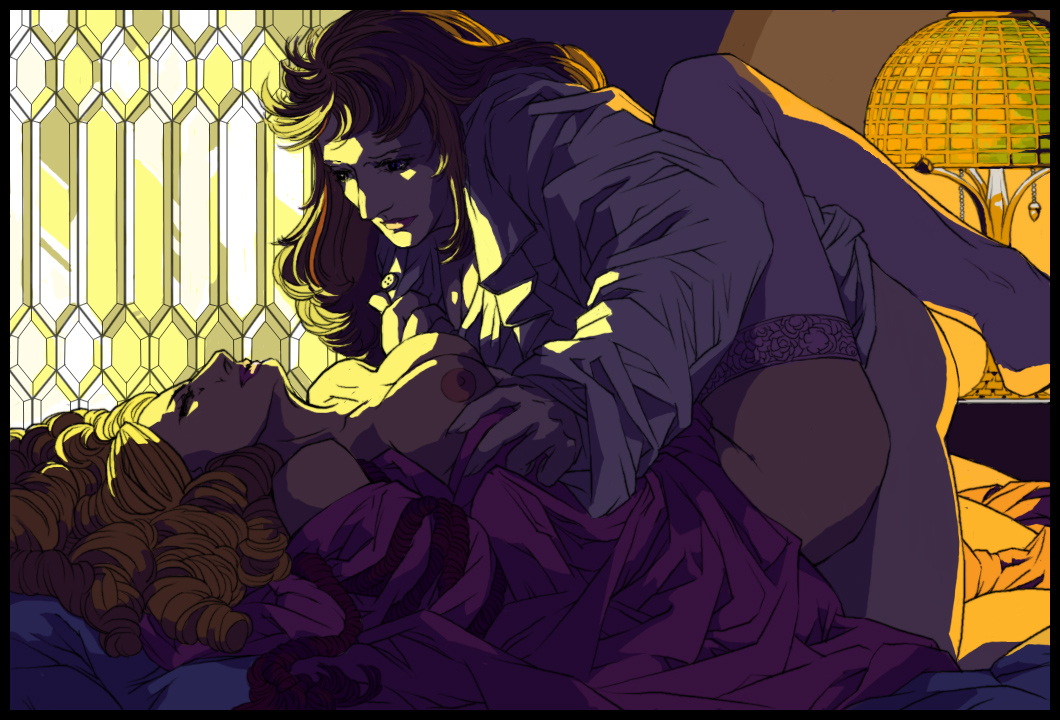 quaedam, 2girls, bed, blonde hair, breasts, brown hair, clothed sex, ichinomiya fukiko, incest, large breasts, lingerie, lipstick, long hair, makeup, misonoo nanako, multiple girls, oniisama e…, open clothes, retro artstyle, ringlets, sex, siblings, sisters, thighhighs, underwear, yuri