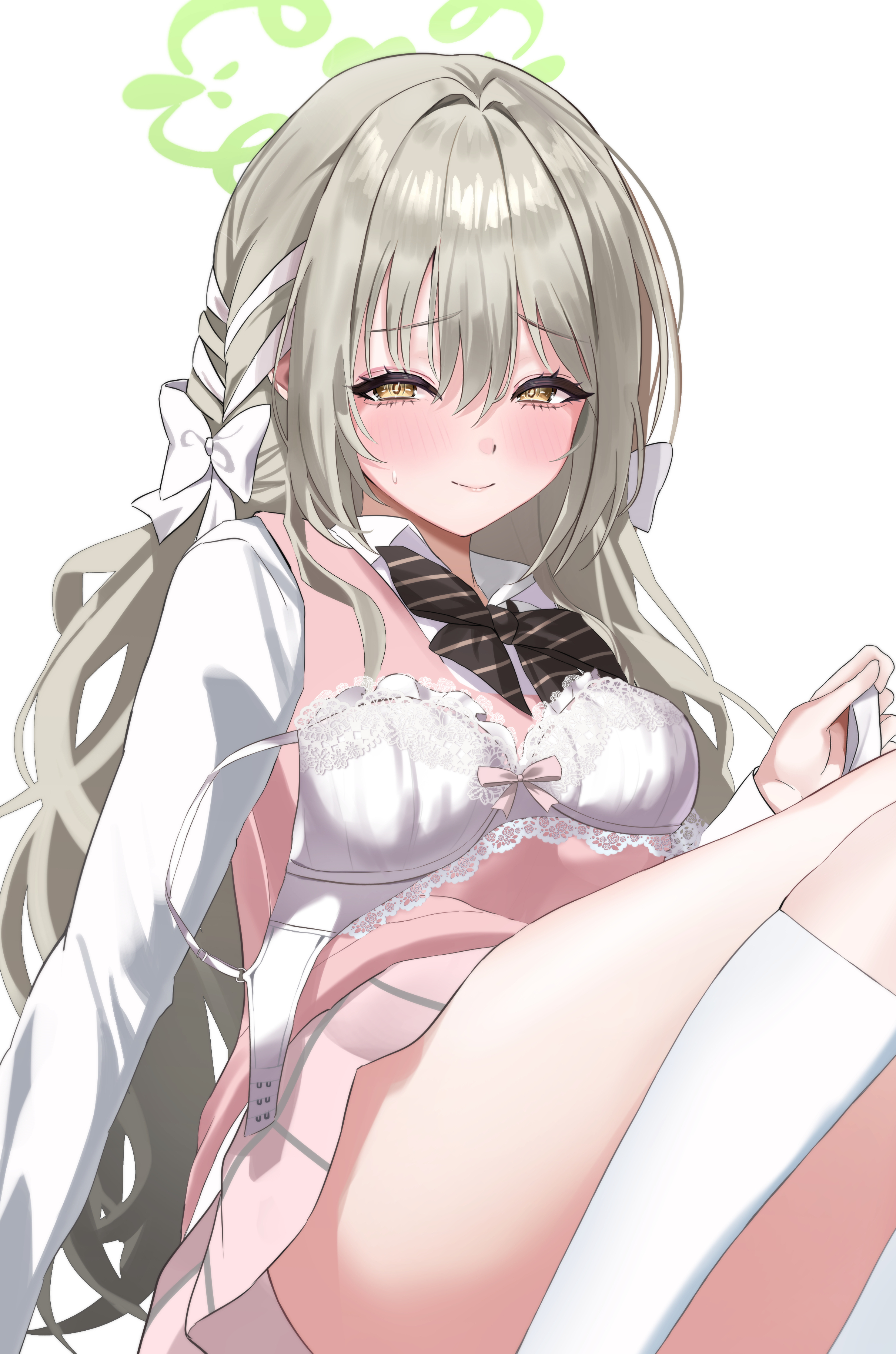 zuki (user mzpz5848), miyo (blue archive), blue archive, hazel eyes, absurdres, highres, 1girl, blush, bow, bowtie, bra, braid, choppy bangs, diagonal-striped bow, diagonal-striped bowtie, diagonal-striped clothes, flower halo, green bow, green bowtie, green halo, grey skirt, hair bow, hair ribbon, halo, lace, lace-trimmed bra, lace trim, long hair, looking at viewer, ribbon, ribbon braid, shirt, skirt, solo, striped bow, striped bowtie, striped clothes, sweat, thighs, underwear, white background, white bow, white bra, white shirt