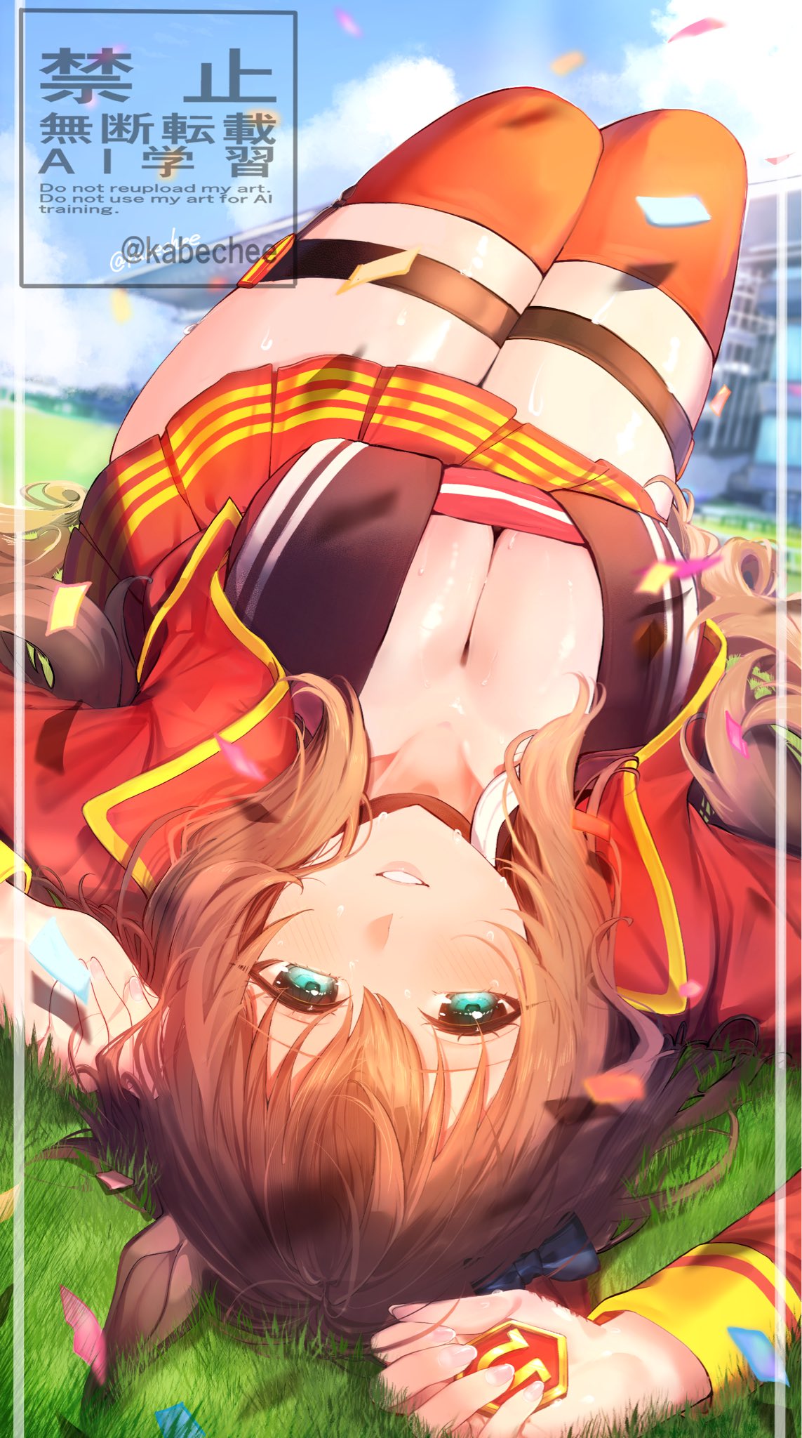 chikabe, maruzensky (formula r) (umamusume), maruzensky (umamusume), umamusume, umamusume: cinderella gray, highres, 1girl, animal ears, bow, breasts, brown hair, brown sailor collar, cleavage, cropped jacket, ear bow, ear ornament, hair between eyes, horse ears, horse girl, horse tail, jacket, large breasts, long hair, long sleeves, looking at viewer, pendant choker, red jacket, red serafuku, red shirt, red skirt, red thighhighs, sailor collar, school uniform, serafuku, shirt, skirt, smile, solo, tail, thighhighs
