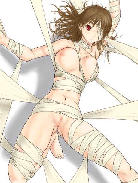 morozou, mummification, 1girl, bandage over one eye, bandages, barefoot, bdsm, bondage, bound, breasts, brown hair, eyepatch, female focus, large breasts, long hair, nipples, nude, pussy, red eyes, solo, uncensored