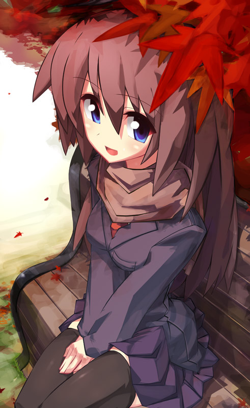 ooyama jyuna, ooyama kina, original, bad id, bad pixiv id, 1girl, autumn, bench, blazer, blue eyes, brown hair, female focus, jacket, long hair, scarf, school uniform, sitting, skirt, solo, thighhighs