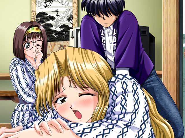 akazaki yasuma, amano misato, takaya keiko, tokimeki check in, game cg, 1boy, 2girls, black hair, blonde hair, blush, brown hair, faceless, faceless male, glasses, hairband, long hair, lying, multiple girls, on stomach, one eye closed, onsen robe, open mouth, robe, short hair, smile, wince, wink