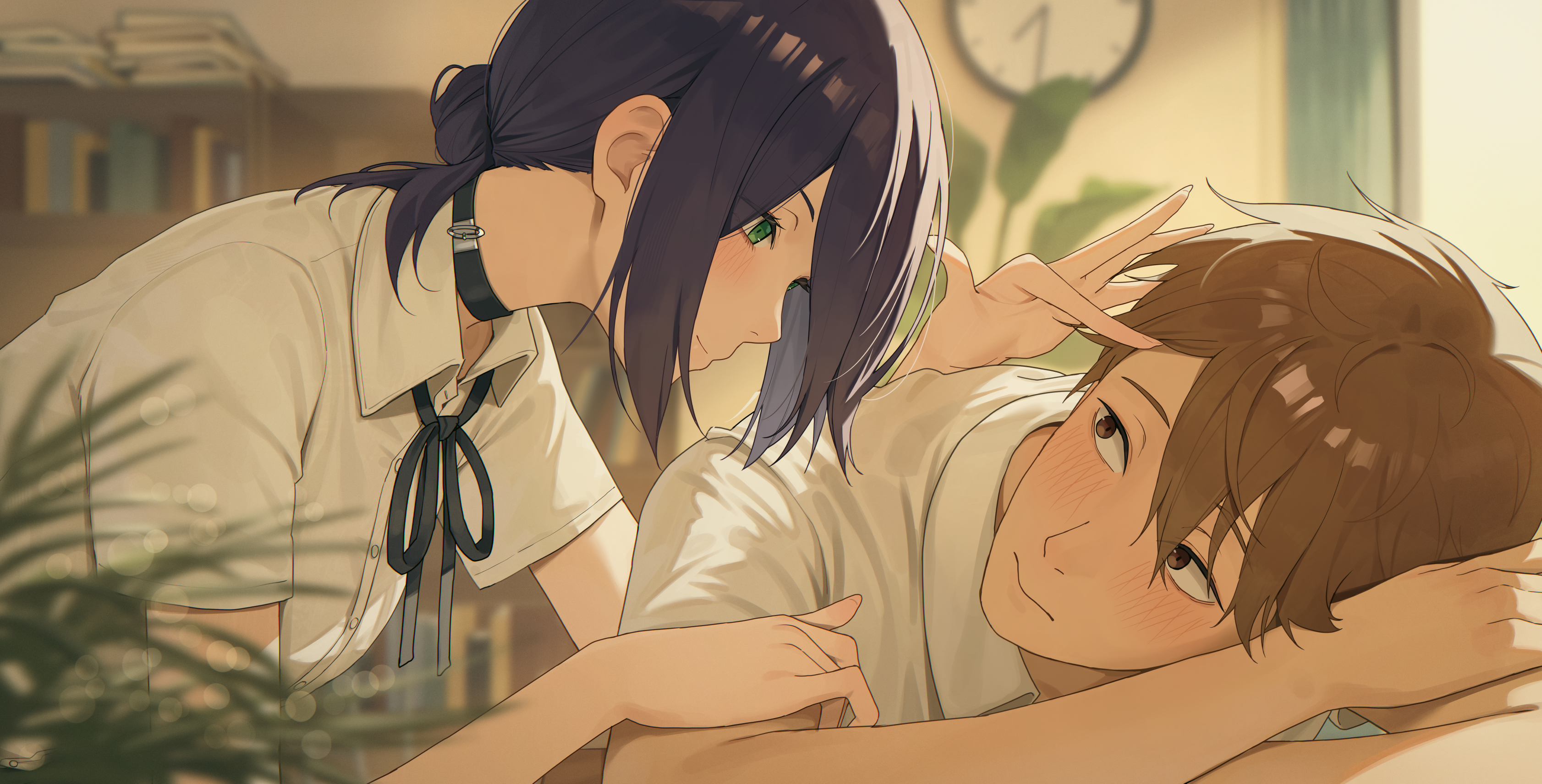 suumon, denji (chainsaw man), reze (chainsaw man), chainsaw man, absurdres, highres, 1boy, 1girl, adjusting another's hair, black choker, black hair, black ribbon, blonde hair, blush, brown eyes, choker, closed mouth, from side, green eyes, hair between eyes, hair bun, looking at another, ribbon, shirt, short hair, sidelocks, smile, white shirt