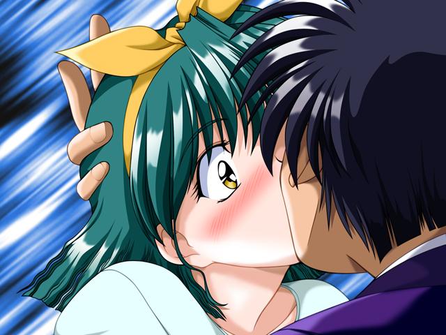 akazaki yasuma, ito nanami, tokimeki check in, hand on head, game cg, 1boy, 1girl, black hair, blush, bow, green hair, hair bow, hair ribbon, hetero, kiss, ribbon, short hair, surprised, yellow eyes