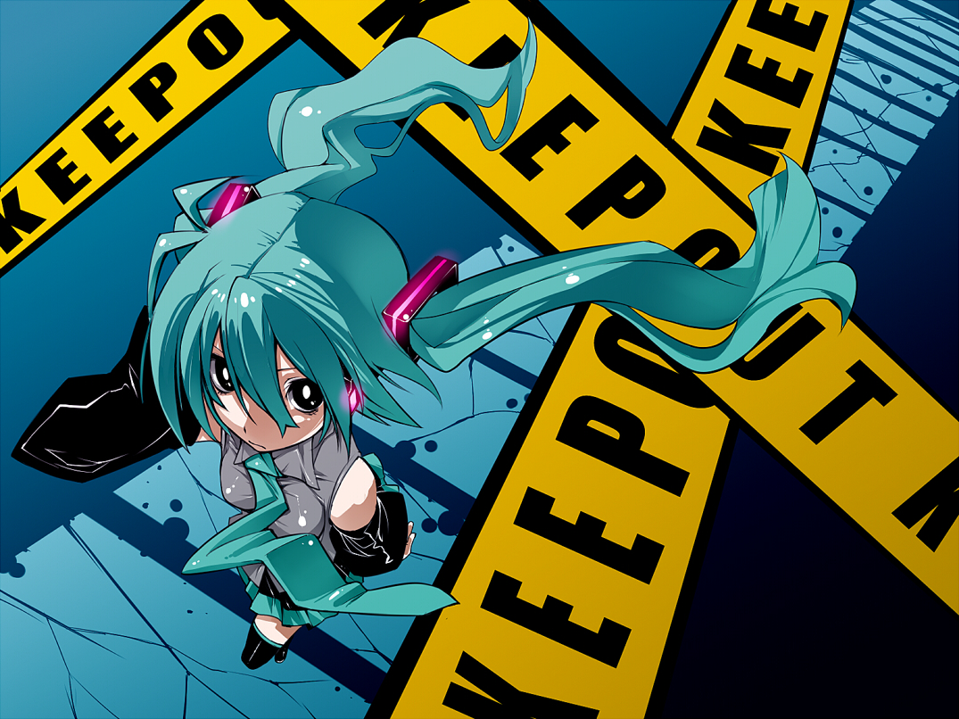 senri gan, gan, hatsune miku, vocaloid, bad id, bad pixiv id, 1girl, aqua eyes, aqua hair, caution tape, detached sleeves, female focus, from above, keep out, long hair, necktie, skirt, solo, thighhighs, twintails, very long hair, zettai ryouiki