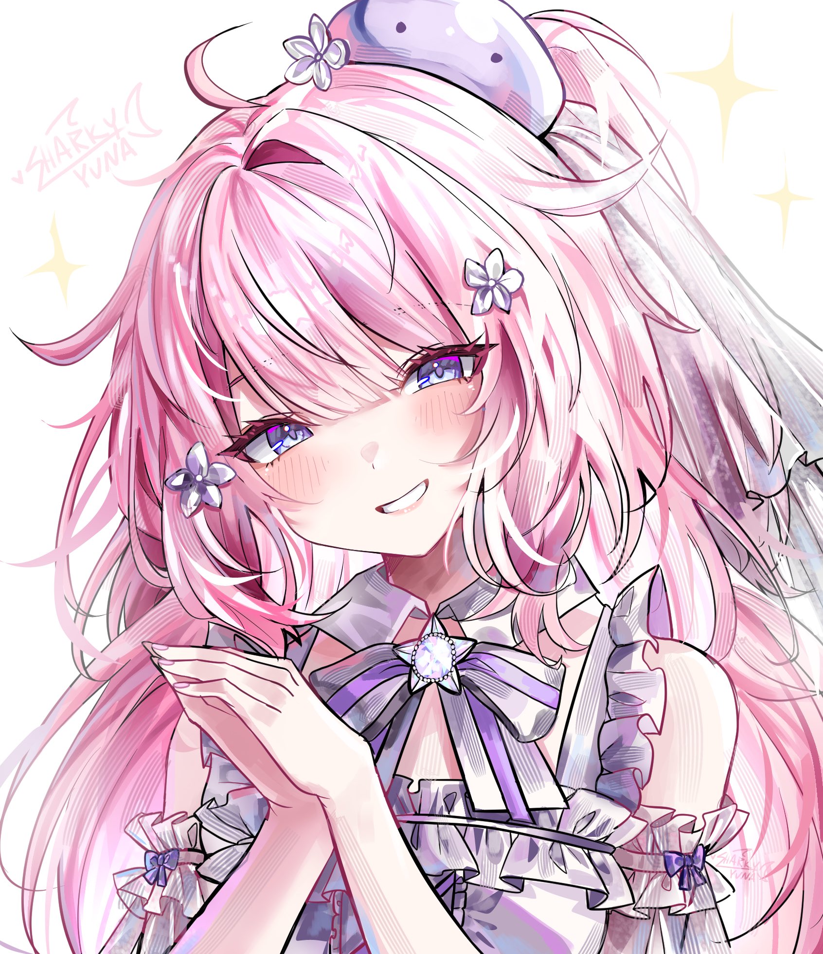 sharkyyuna, glitch stars, commentary, english commentary, highres, 1girl, ahoge, bare shoulders, blue eyes, blush, bow, dress, fingernails, flower, grey bow, grey dress, hair between eyes, hair flower, hair ornament, long hair, looking at viewer, mochi (glitch stars), nail polish, own hands together, parted bangs, pink hair, pink nails, simple background, smile, solo, star (symbol), striped bow, upper body, virtual youtuber, white background