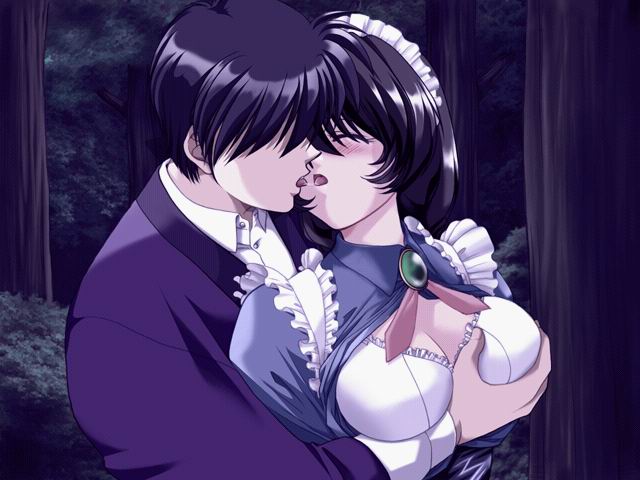 akazaki yasuma, shimizu ayumi, tokimeki check in, game cg, 1boy, 1girl, black hair, blush, bra, breasts, cleavage, closed eyes, faceless, faceless male, grabbing another's breast, groping, hetero, kiss, large breasts, lingerie, maid, nature, night, open clothes, open shirt, outdoors, saliva, saliva trail, shirt, tongue, underwear, undressing