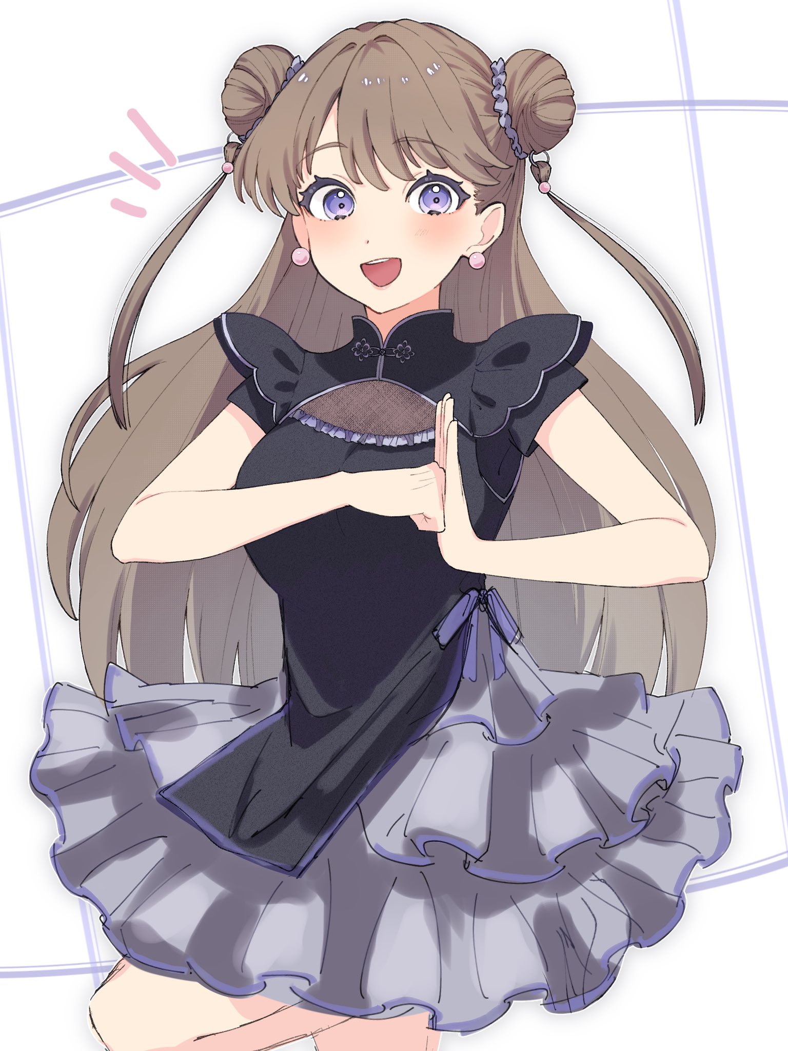 fujishima megumi, link! like! love live!, love live!, commentary request, highres, 1girl, above-cleavage cutout, alternate costume, black shirt, breasts, chinese clothes, clothing cutout, cowboy shot, double bun, frilled skirt, frills, grey skirt, hair bun, hair extensions, hasu no sora pop up shop china collection, large breasts, leg up, long hair, looking at viewer, miniskirt, naru (ippan people1), palm-fist greeting, ring hair extensions, shirt, short sleeves, skirt, solo, virtual youtuber