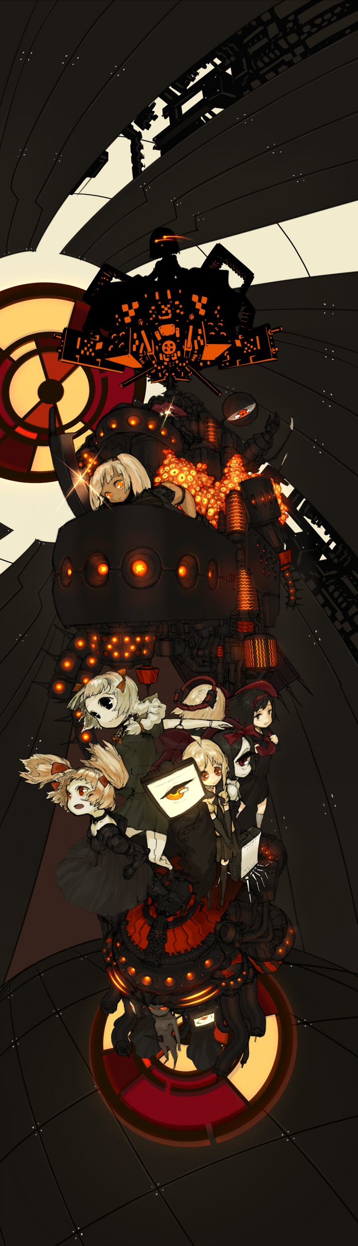 asgr, original, mechanical, absurdres, bad id, bad pixiv id, highres, long image, tall image, 6+girls, black hair, multiple girls, orange eyes, red eyes, robot, science fiction, skirt, twintails
