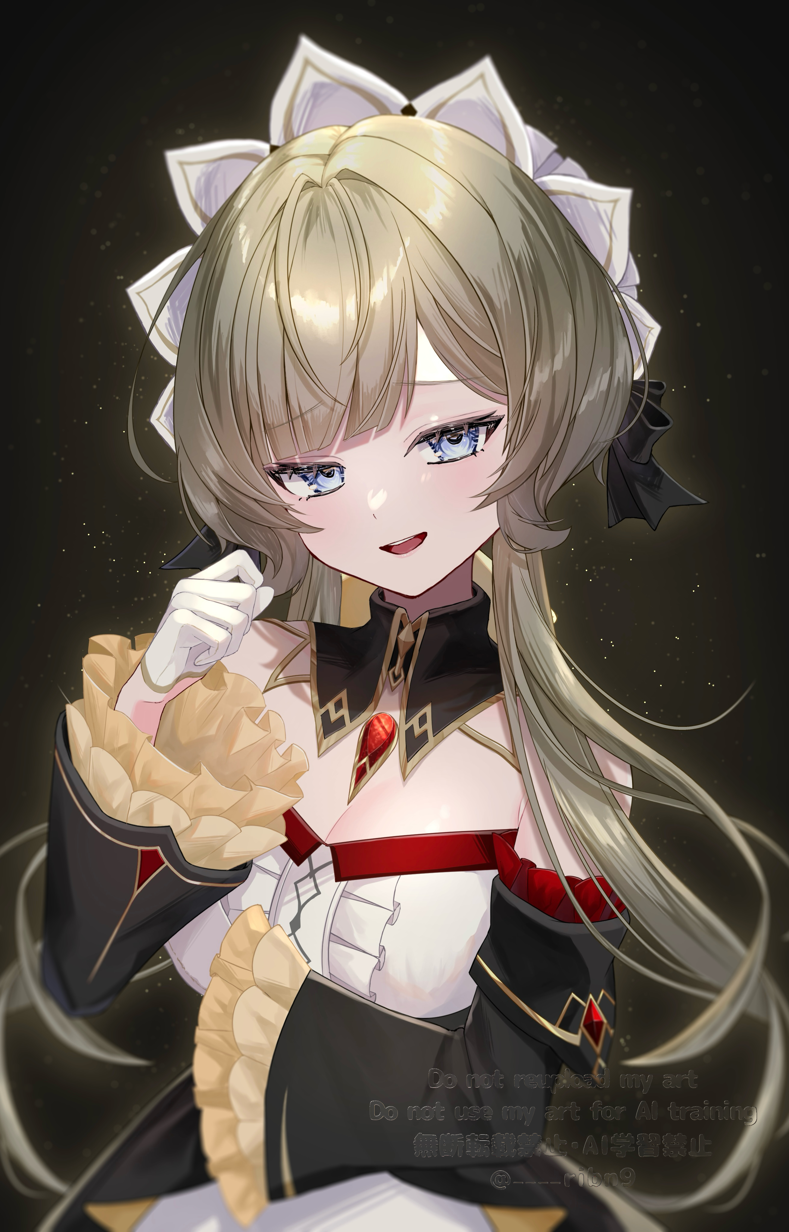 rinmel9, sandrone (genshin impact), genshin impact, absurdres, commentary request, highres, 1girl, blue eyes, breasts, brown hair, cleavage, detached collar, detached sleeves, dress, gem, gloves, light blush, long hair, long sleeves, looking at viewer, medium breasts, open mouth, red gemstone, smile, solo, strapless, strapless dress, upper body, white gloves, wide sleeves