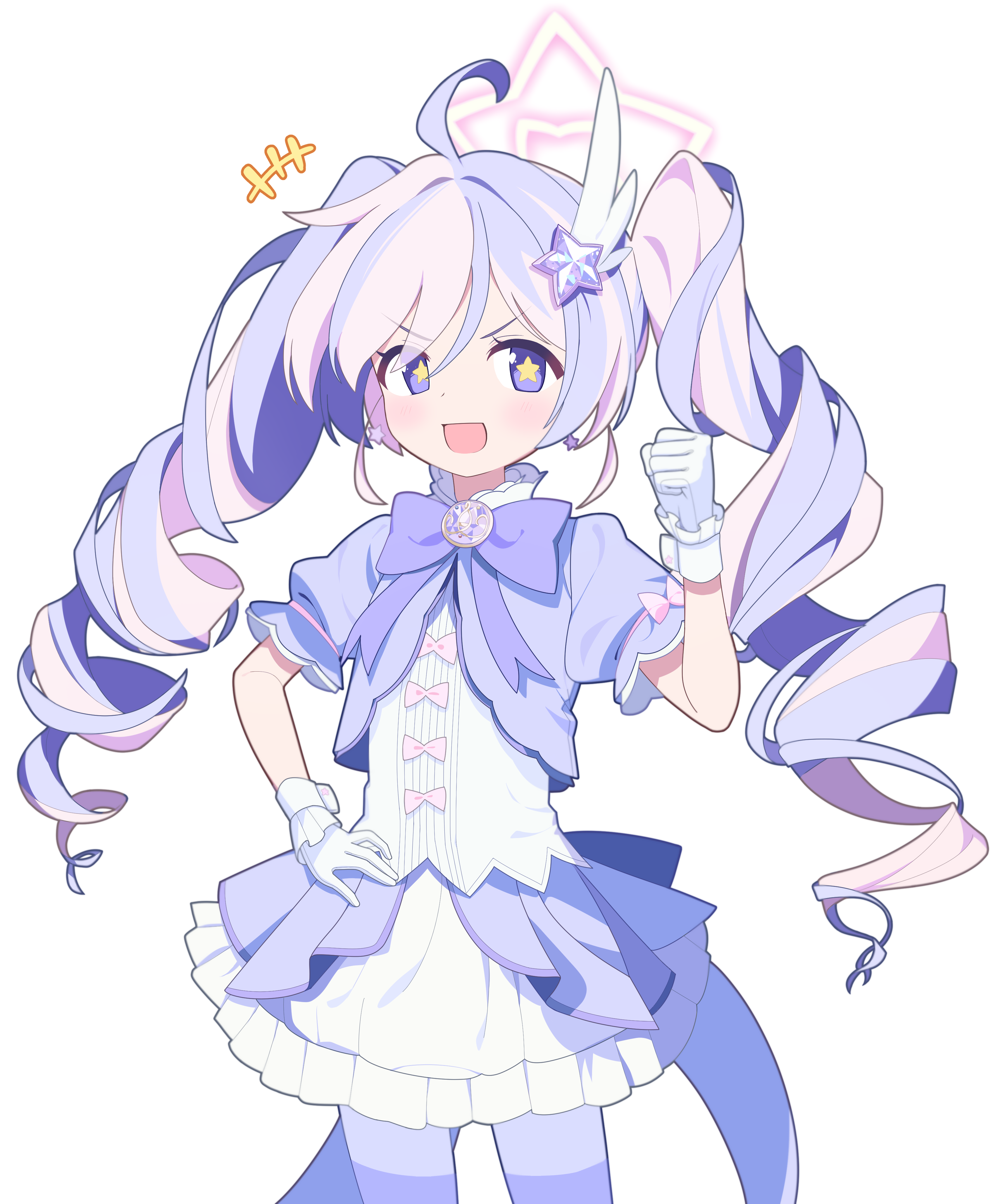 sprout (haji s), reisa (blue archive), reisa (magical) (blue archive), blue archive, absurdres, commentary request, highres, korean commentary, +++, 1girl, :d, ahoge, blush, bow, clenched hand, cowboy shot, dress, drill hair, gloves, hair ornament, halo, hand on own hip, long hair, looking at viewer, multicolored hair, open mouth, pantyhose, pink hair, pink halo, puffy short sleeves, puffy sleeves, purple bow, purple eyes, purple hair, purple pantyhose, short sleeves, simple background, smile, solo, star-shaped pupils, star (symbol), star hair ornament, star halo, striped clothes, striped pantyhose, symbol-shaped pupils, twin drills, twintails, two-tone hair, v-shaped eyebrows, white background, white gloves, wing hair ornament